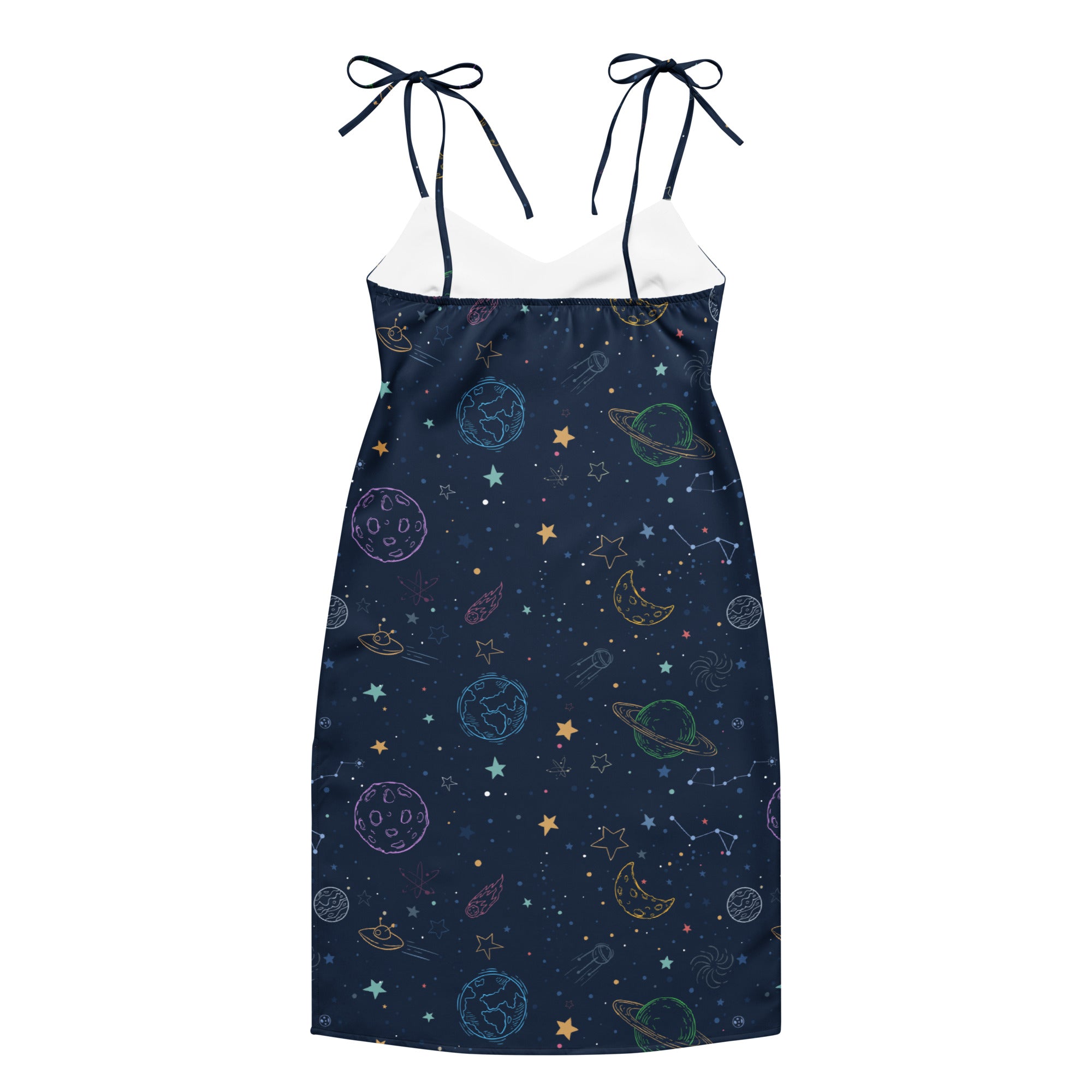 Navy dress with space-themed pattern on a white background