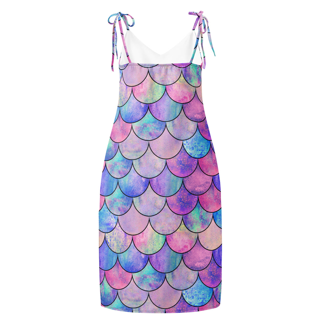 Women’s pastel mermaid slip midi dress with adjustable tie straps, built in bra, and iridescent watercolor print