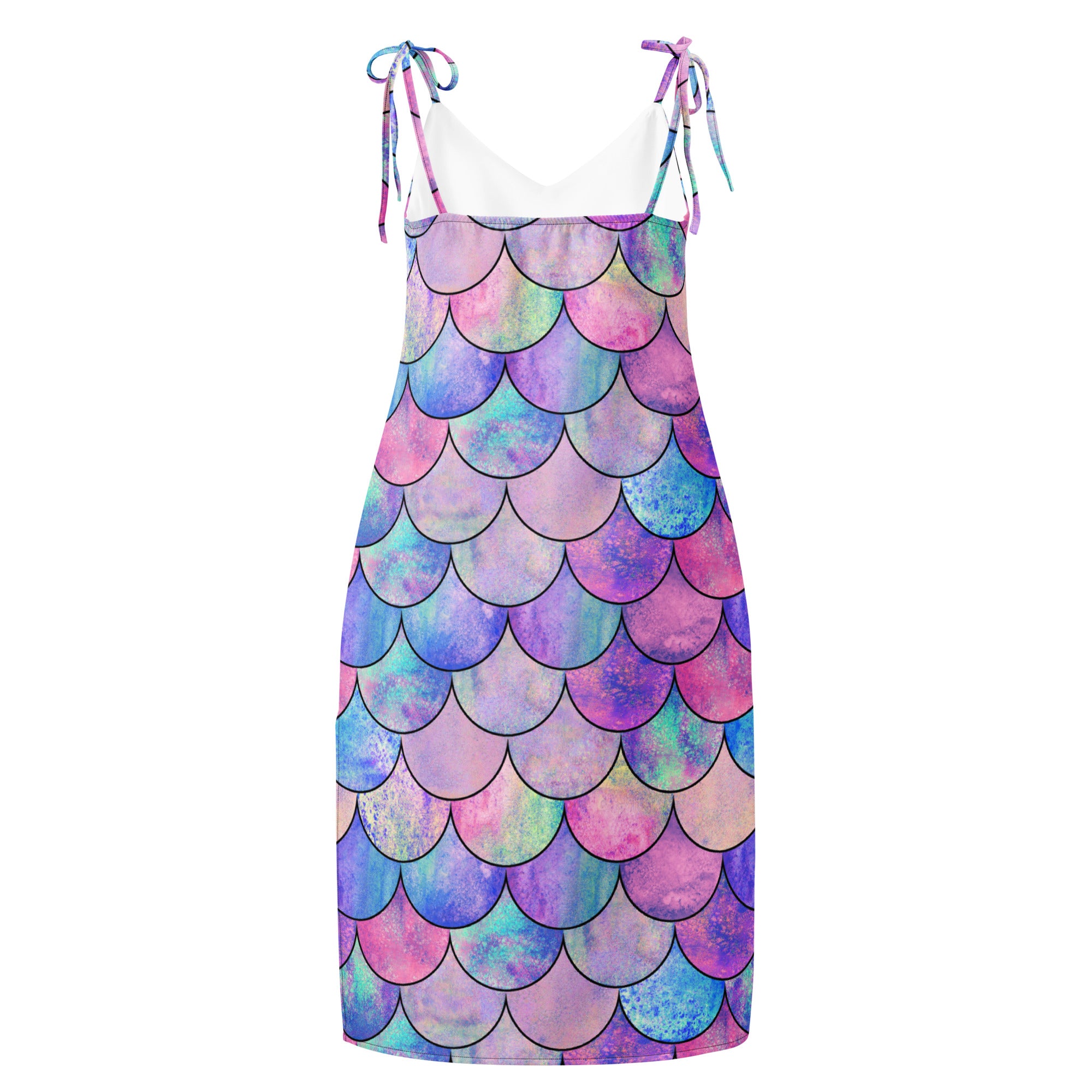 Women’s pastel mermaid slip midi dress with adjustable tie straps, built in bra, and iridescent watercolor print