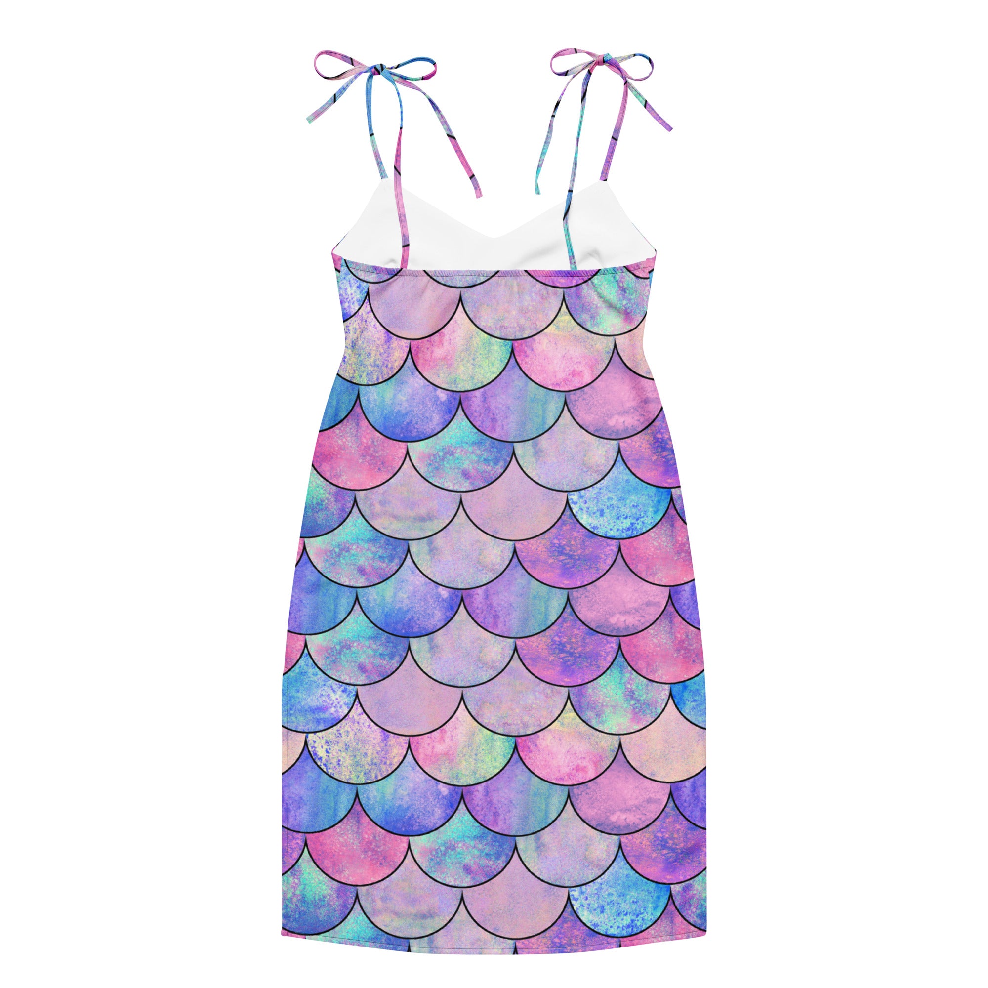 Women’s pastel mermaid slip dress with adjustable tie straps and built in bra in vibrant iridescent mermaid-scale print