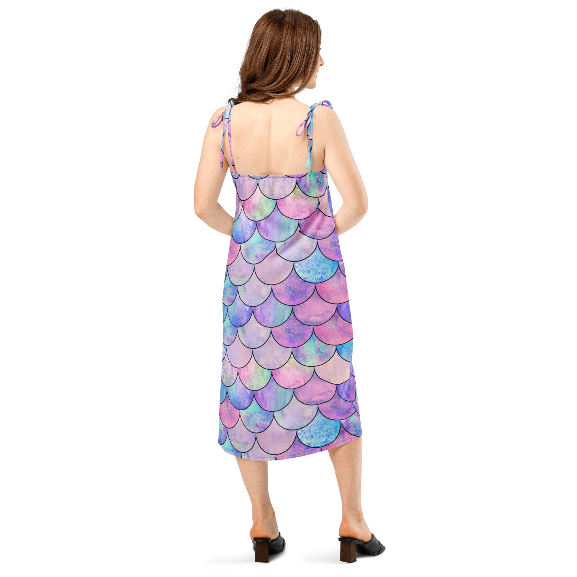 Women’s pastel mermaid slip midi dress with adjustable tie straps and built-in bra featuring iridescent purple pink blue scales