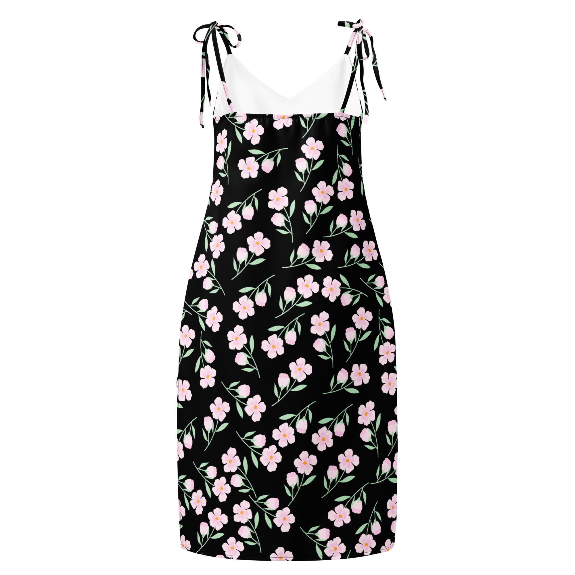 Women’s black floral slip midi dress with pink blossoms green stems and adjustable tie-back straps shown from back
