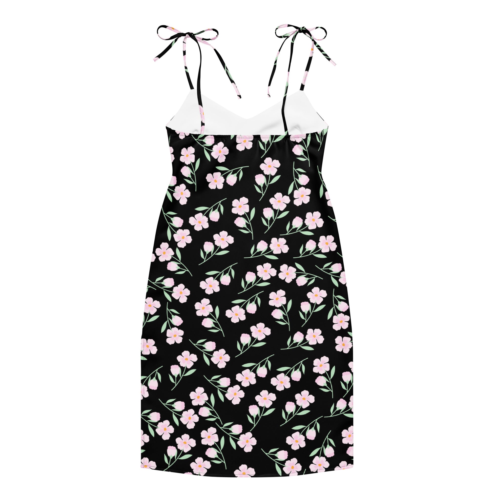 Women’s black floral slip midi dress with delicate pink blossoms green stems and adjustable tie-back straps back view
