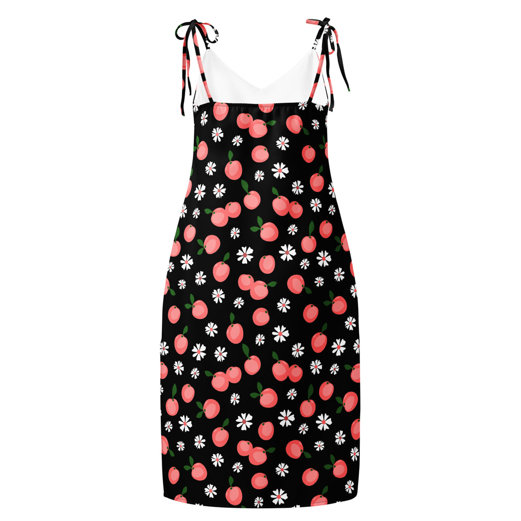 Women’s black sleeveless midi slip dress with pink cherry white daisy prints and adjustable tie straps with built in bra