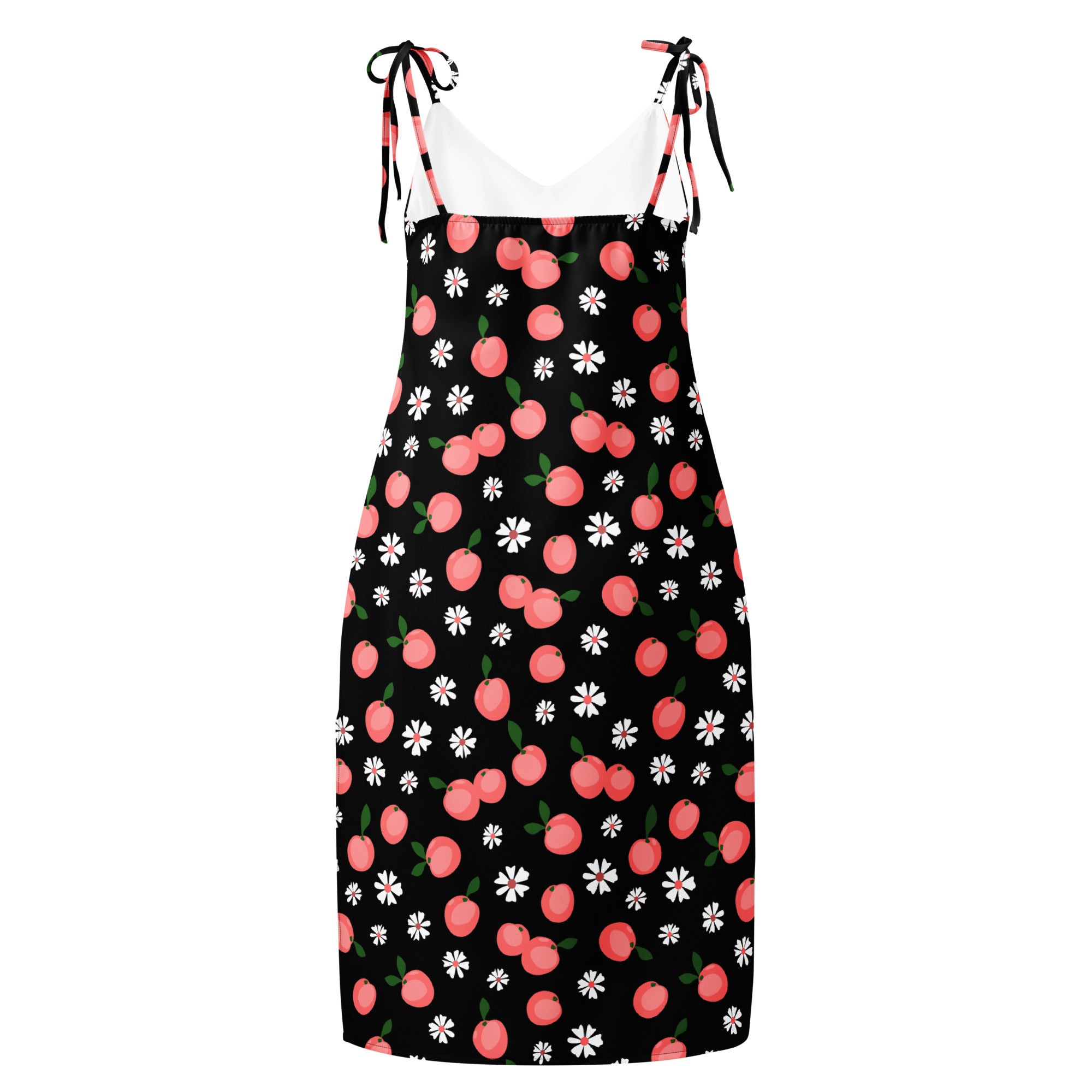 Women’s black sleeveless midi slip dress with pink cherry white daisy prints and adjustable tie straps with built in bra