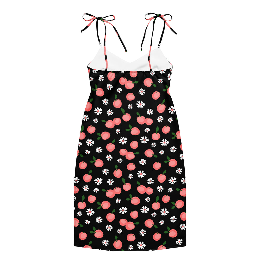 Women’s black slip dress with pink cherry and white daisy print midi dress with adjustable tie straps and built-in bra
