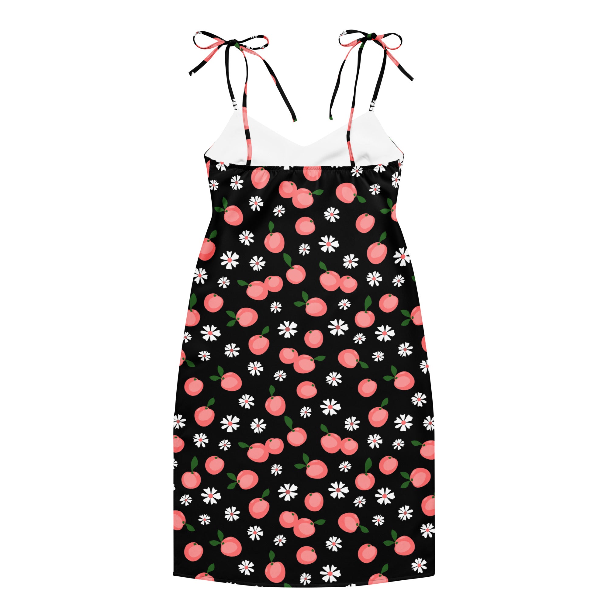 Women’s black slip dress with pink cherry and white daisy print midi dress with adjustable tie straps and built-in bra