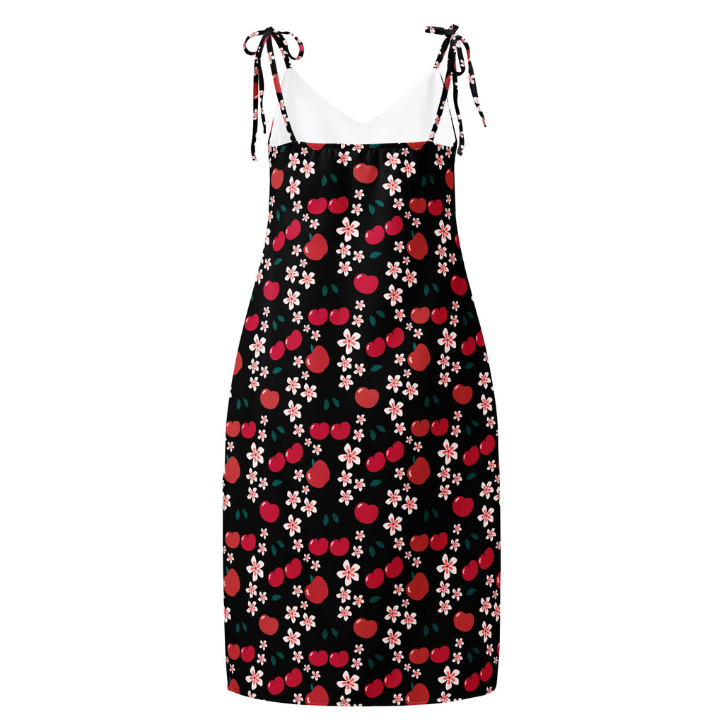 Women’s floral cherry blossom slip dress midi with black cherry and pink flower print and adjustable tie straps