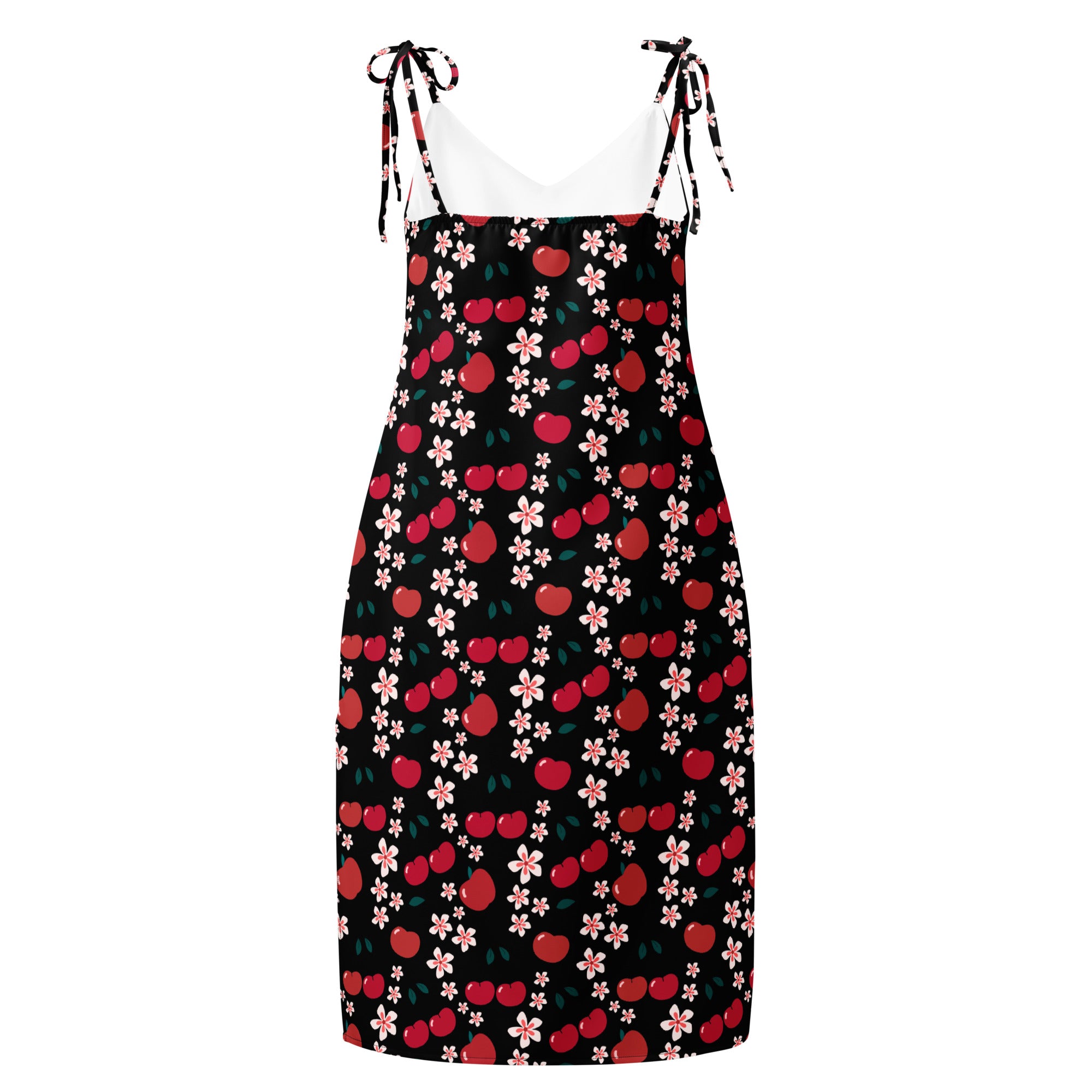 Women’s floral cherry blossom slip dress midi with black cherry and pink flower print and adjustable tie straps