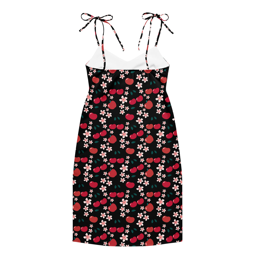 Women’s black cherry slip dress with pink floral print midi length and adjustable spaghetti tie straps with built in bra
