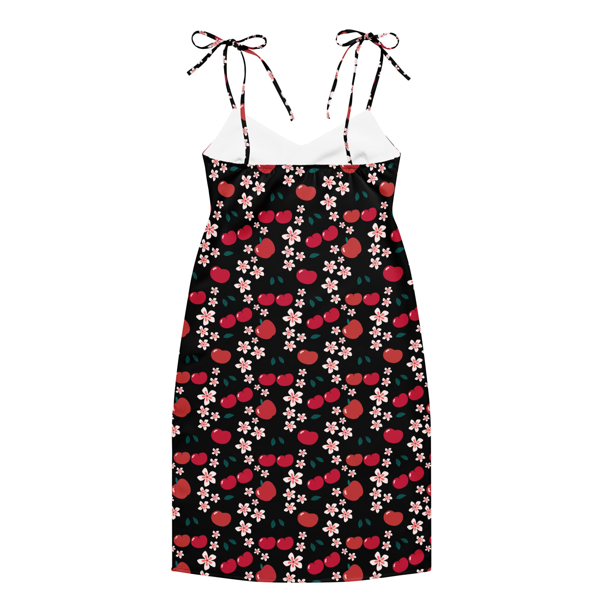 Women’s black cherry slip dress with pink floral print midi length and adjustable spaghetti tie straps with built in bra