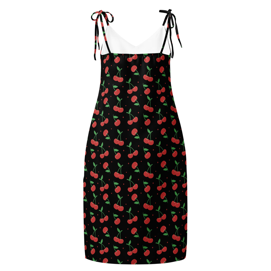 Women’s black cherry print midi slip dress with adjustable spaghetti tie straps and built in bra