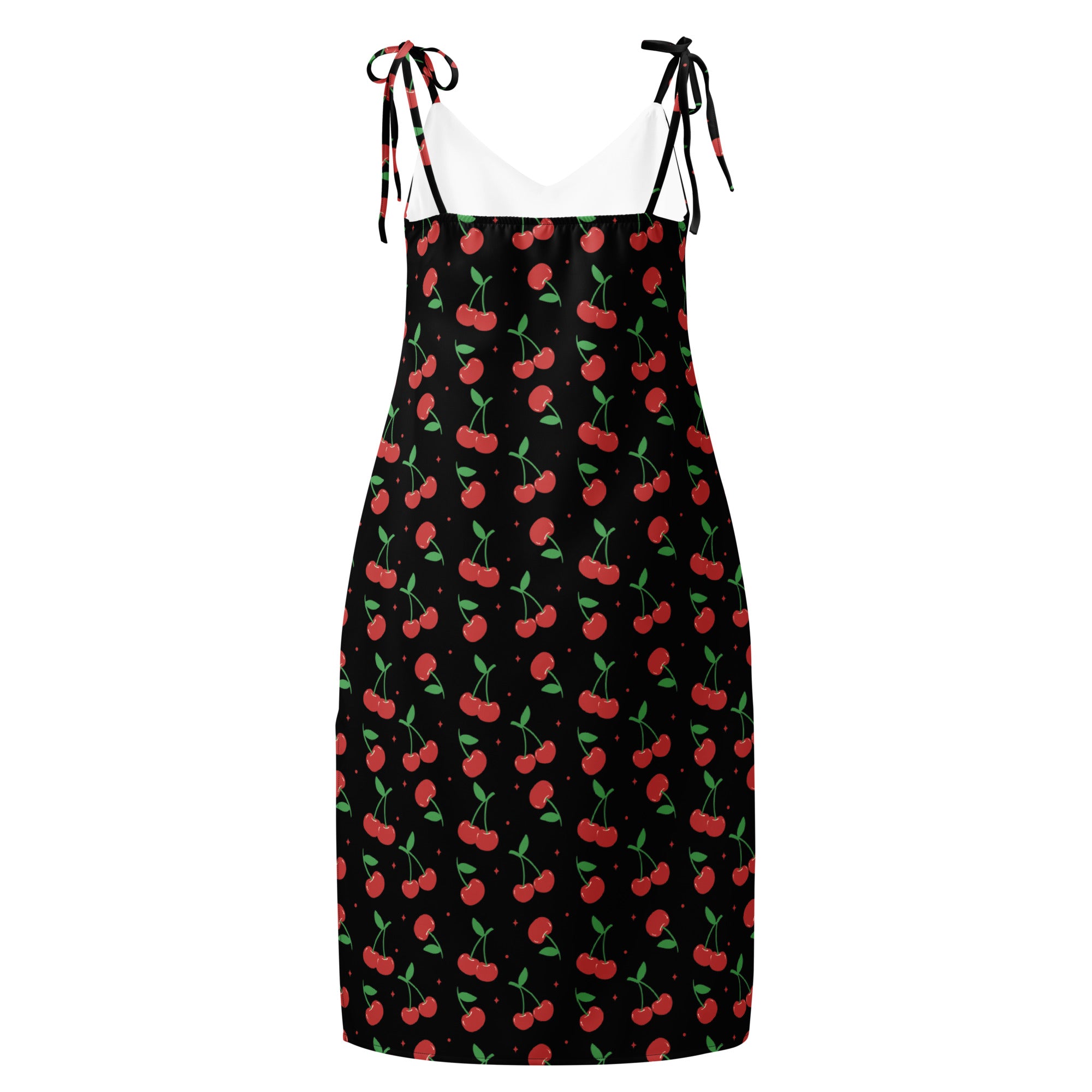 Women’s black cherry print midi slip dress with adjustable spaghetti tie straps and built in bra