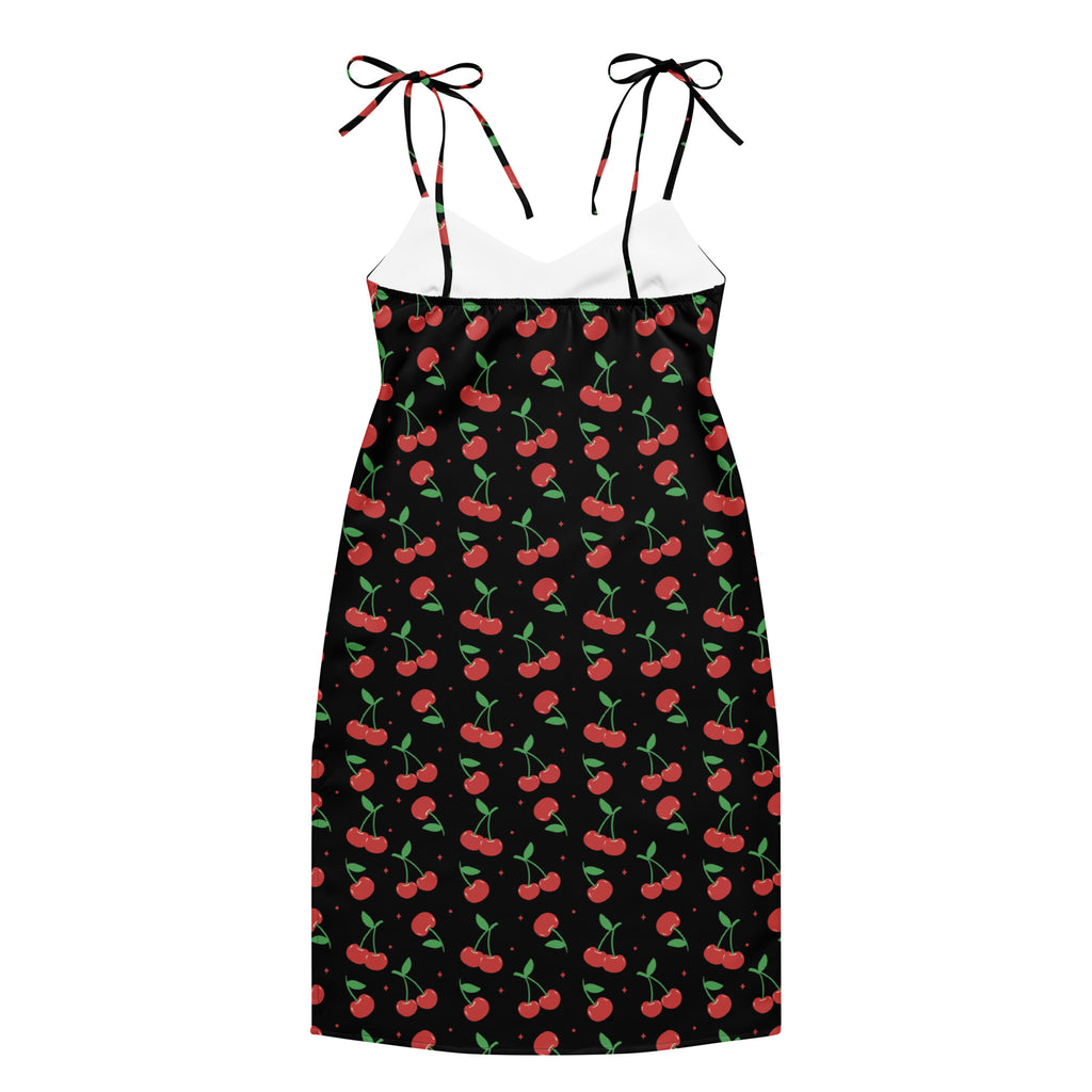 Women’s black cherry print slip midi dress with adjustable tie-back straps featuring red cherries and green stems