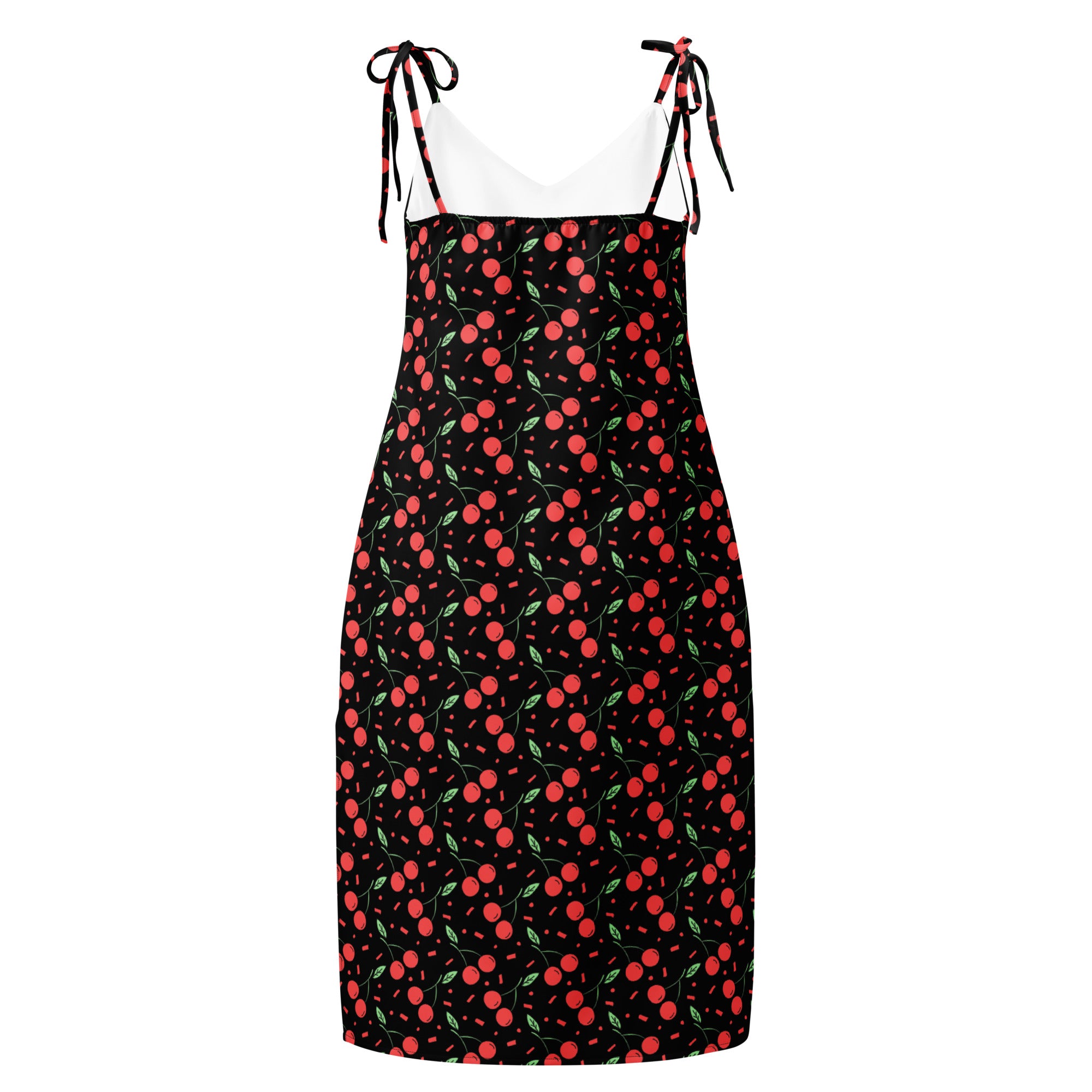 Women’s black cherry print mini slip dress with adjustable tie straps and built in bra visible in front view