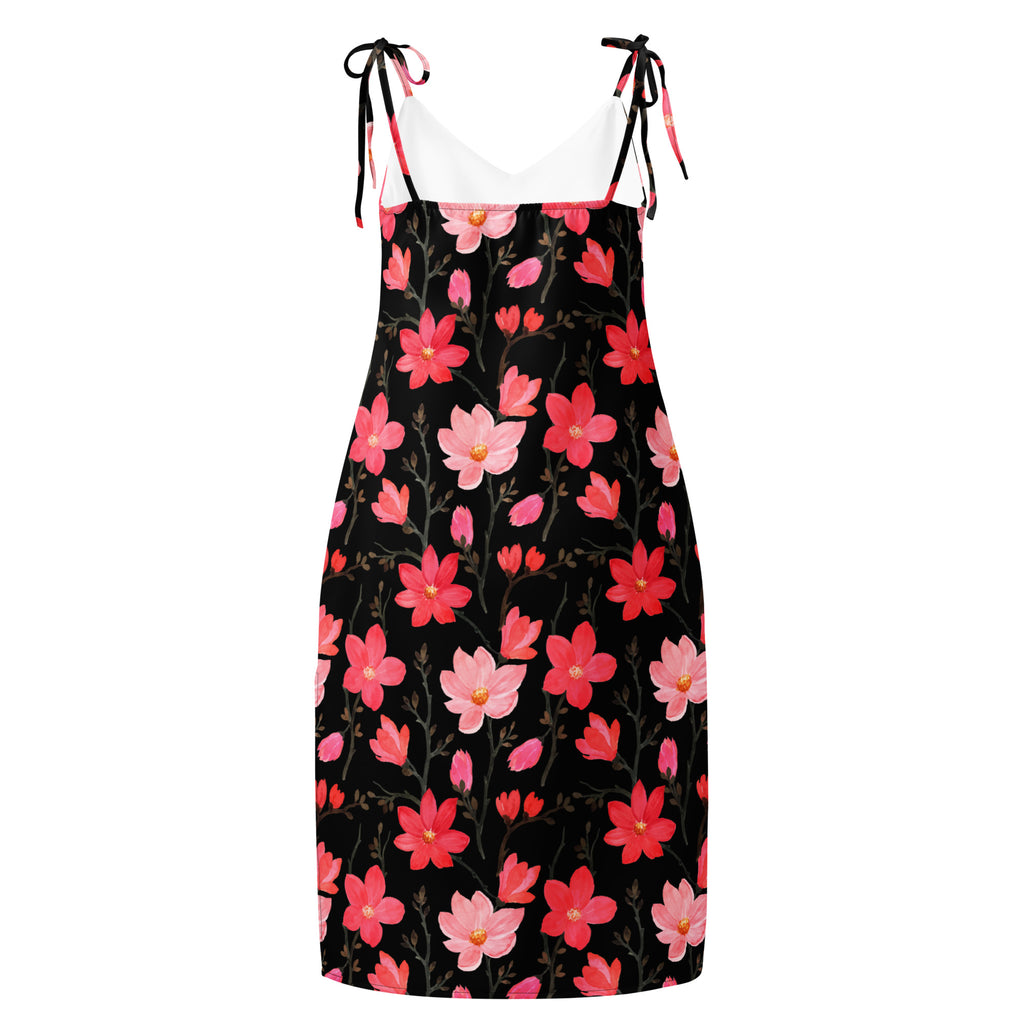 Women’s black floral print midi slip dress with adjustable tie straps and white inner lining perfect for summer wear