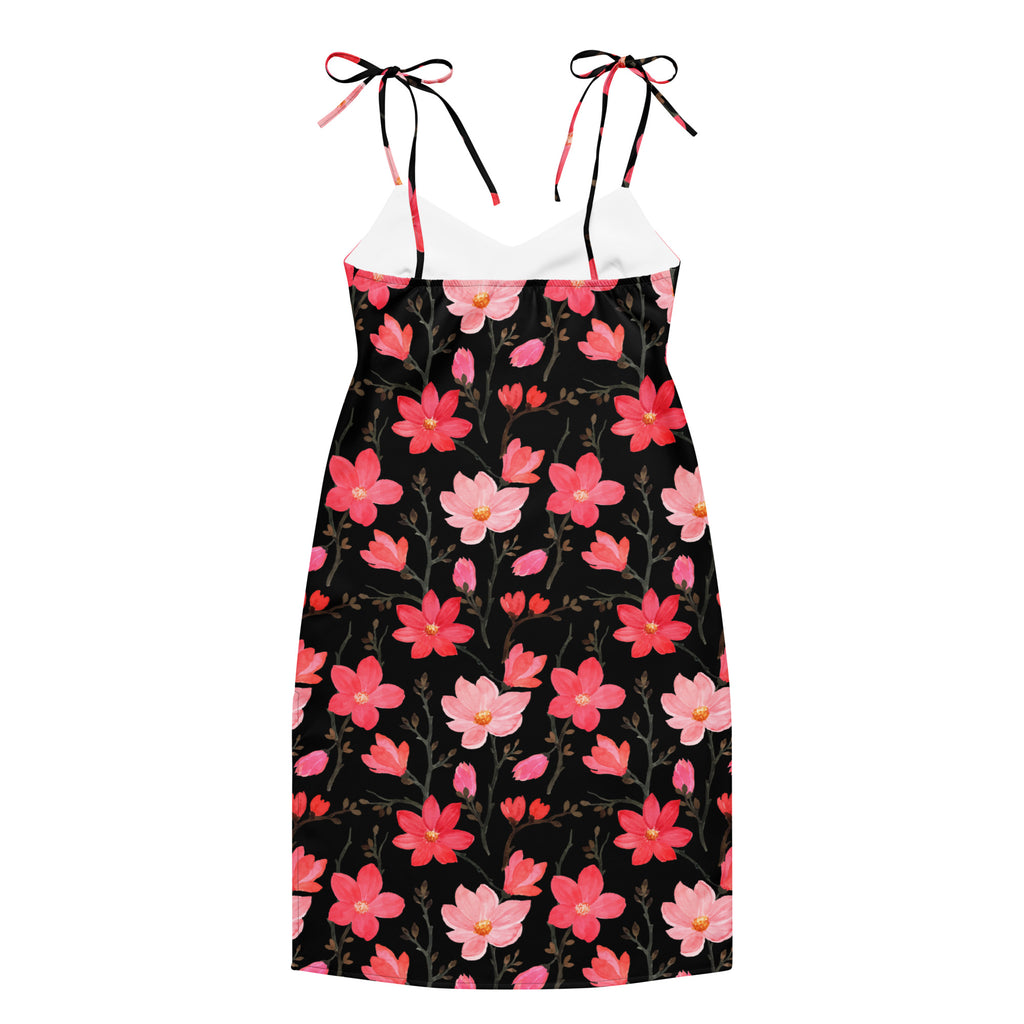 Women’s black floral print midi slip dress with pink and red blossoms adjustable tie shoulder straps and built in bra