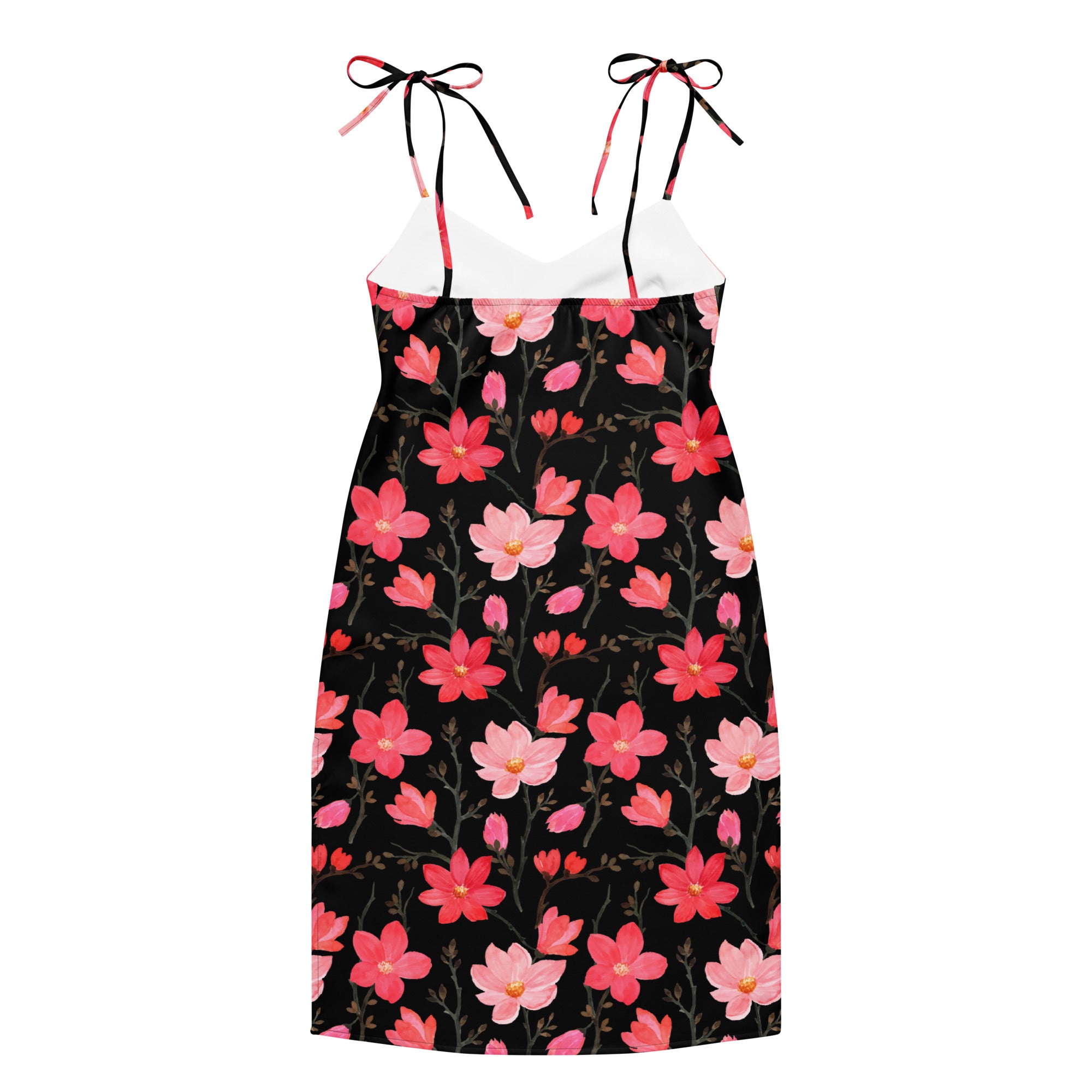 Women’s black floral print midi slip dress with pink and red blossoms adjustable tie shoulder straps and built in bra