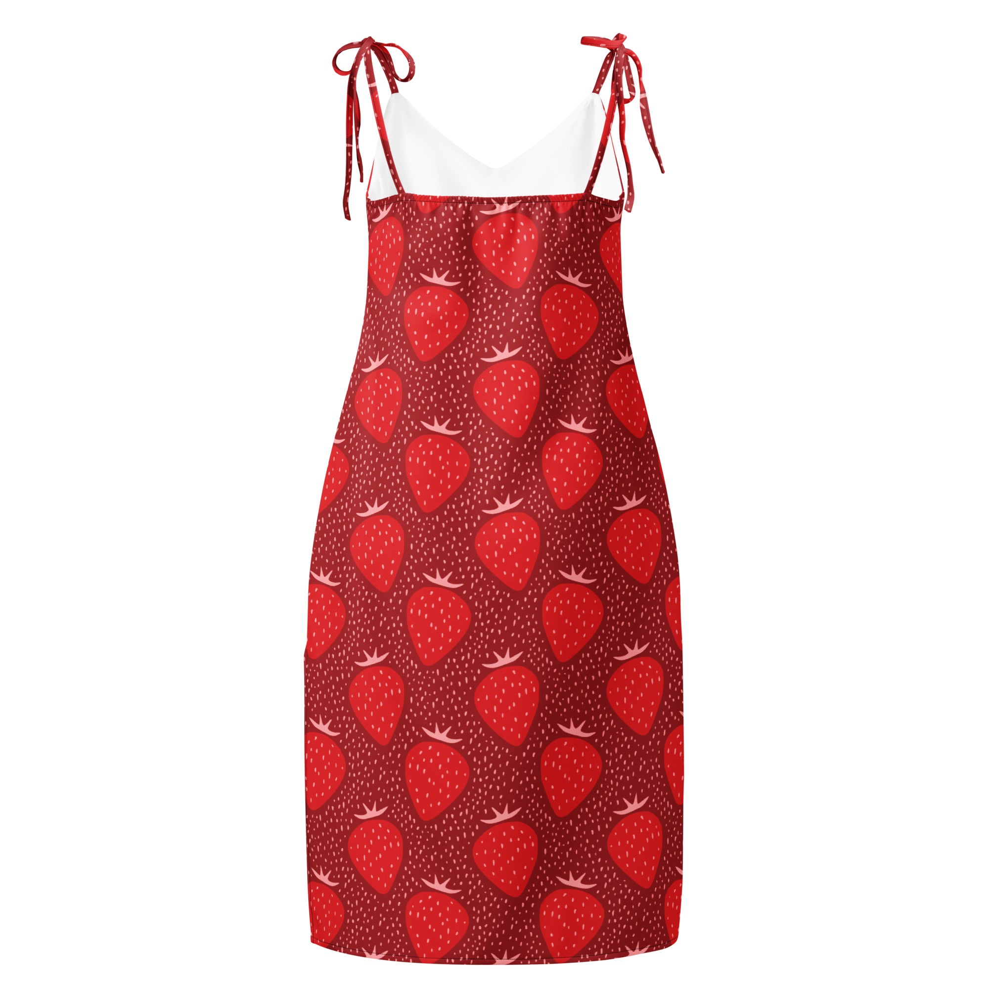 Women’s red strawberry slip midi dress with adjustable tie spaghetti straps and white inner lining with built in bra