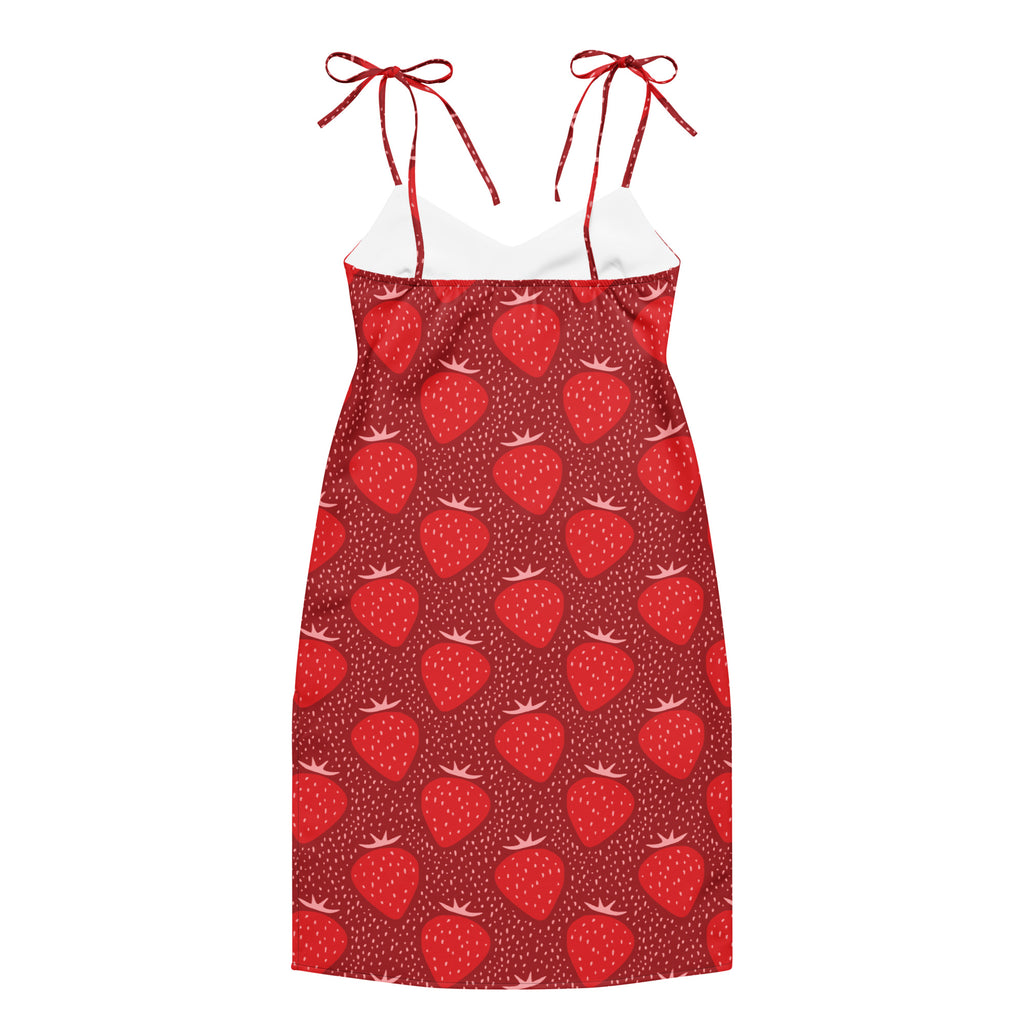 Women’s red strawberry slip dress midi with adjustable tie spaghetti straps and white inner lining
