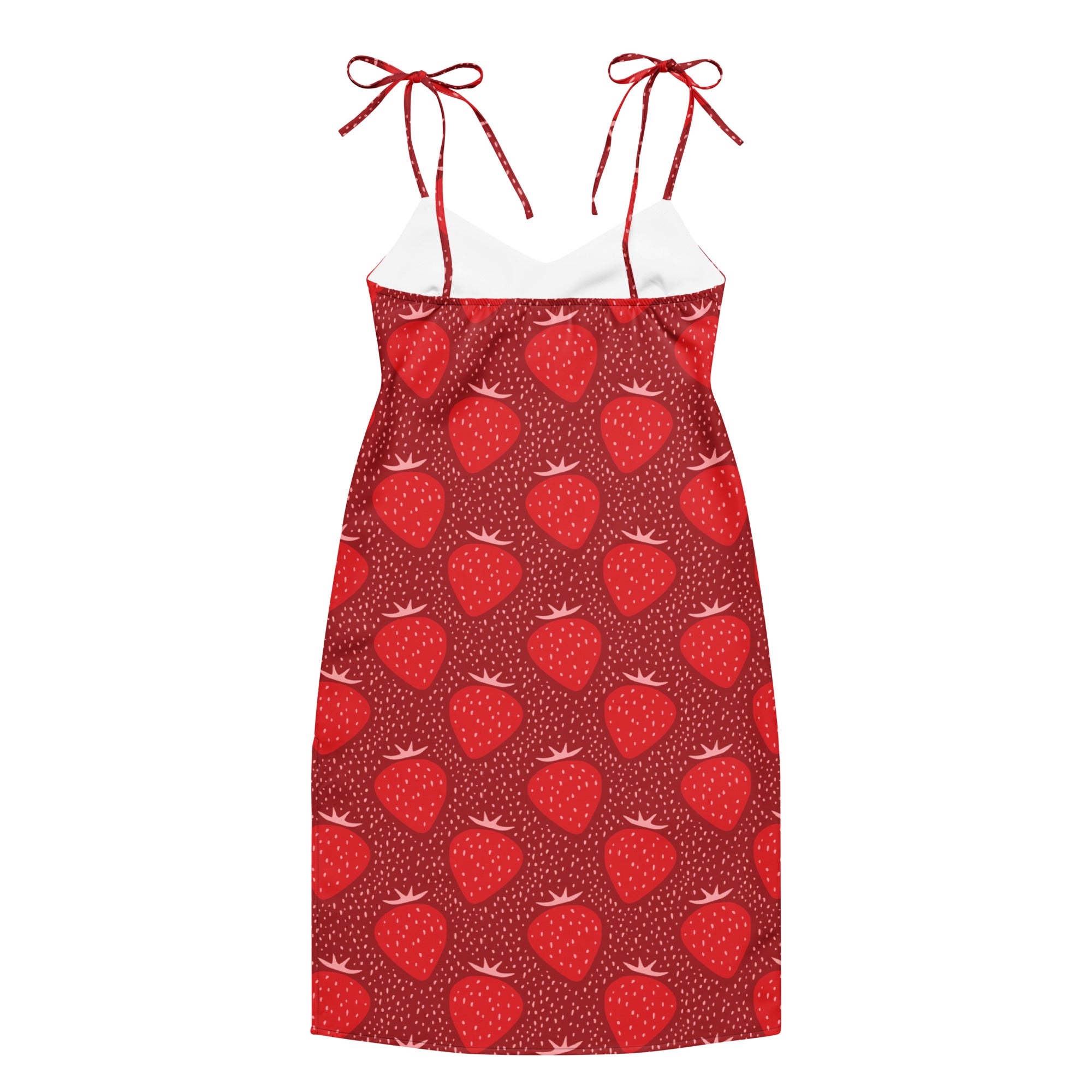 Women’s red strawberry slip dress midi with adjustable tie spaghetti straps and white inner lining