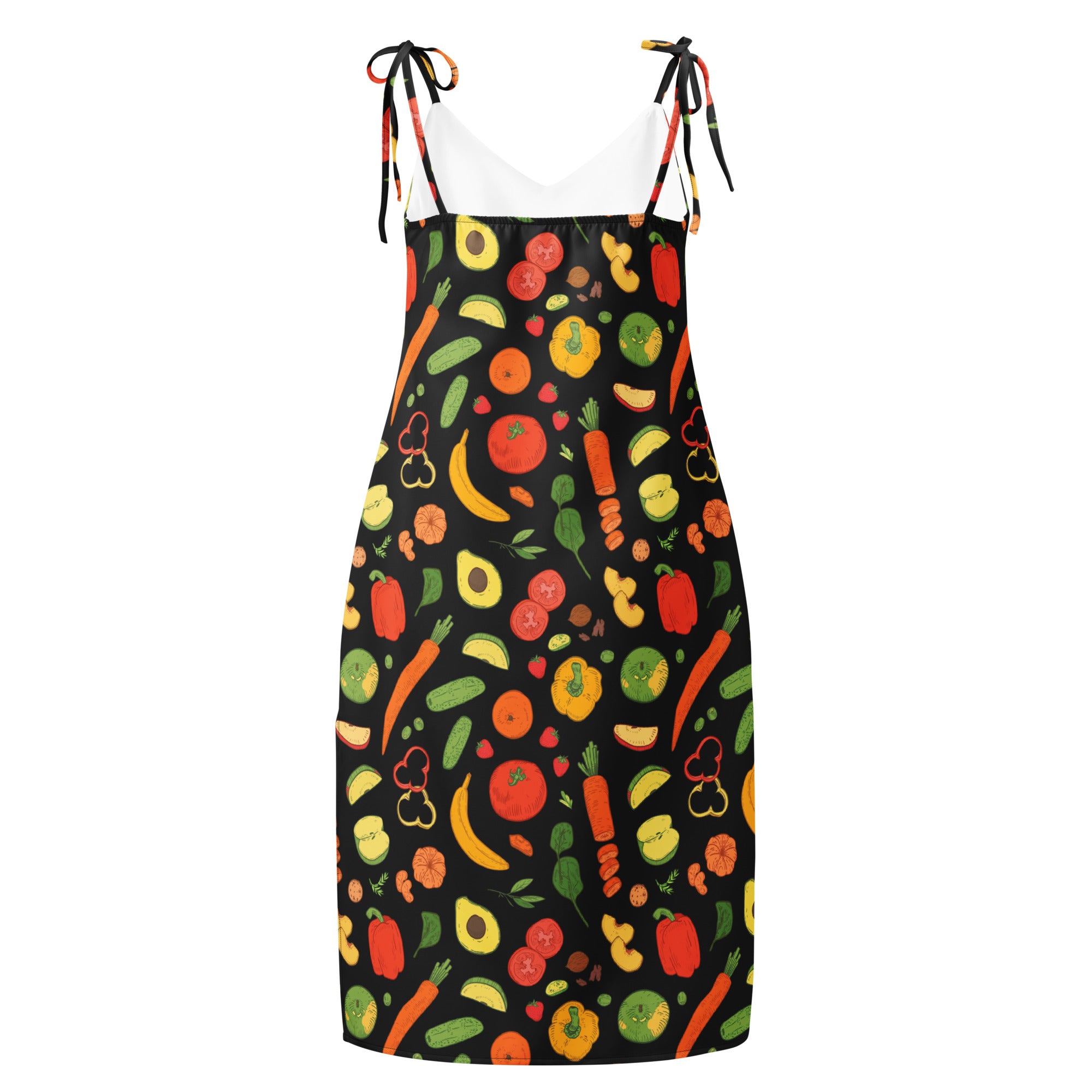 Women’s black sleeveless midi slip dress with colorful vegetable and fruit prints adjustable tie straps built in bra