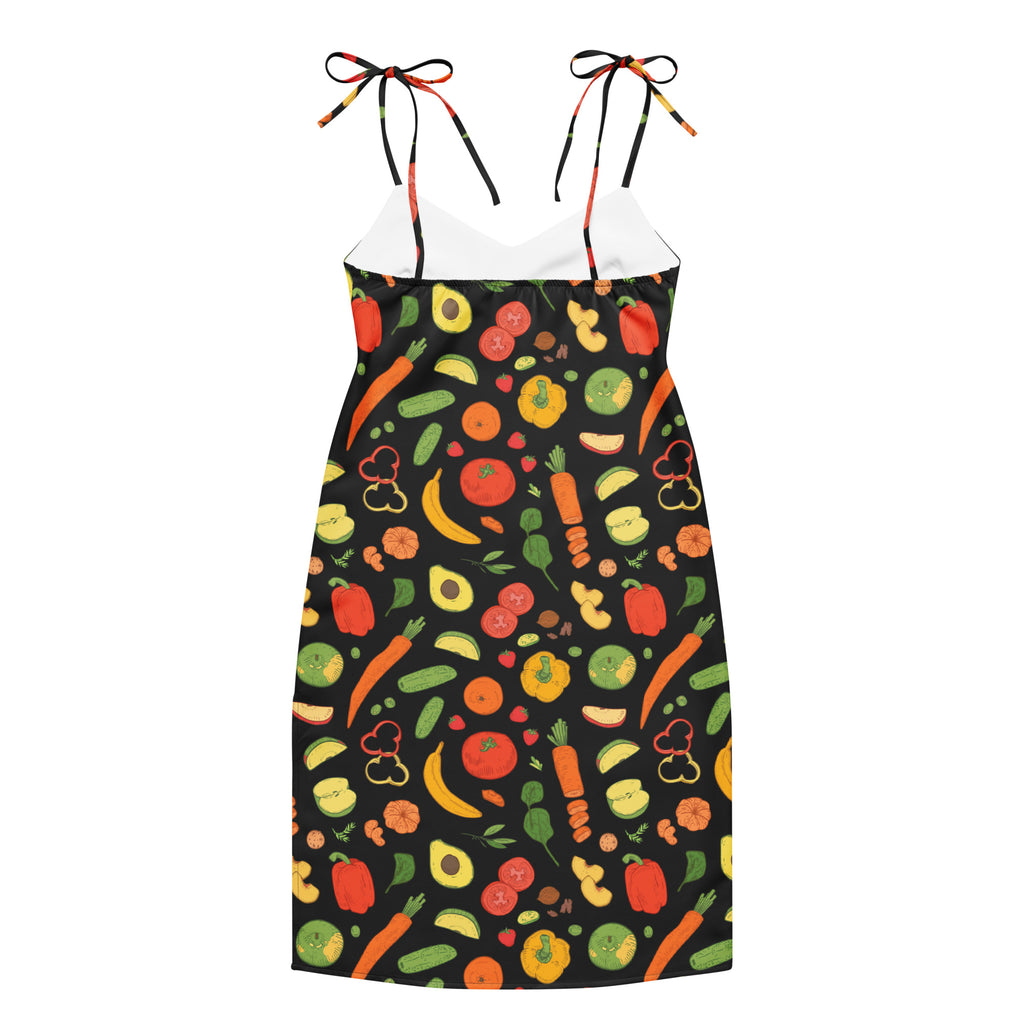 Women’s black spaghetti strap midi slip dress with vibrant vegetable and fruit print adjustable tie straps built in bra