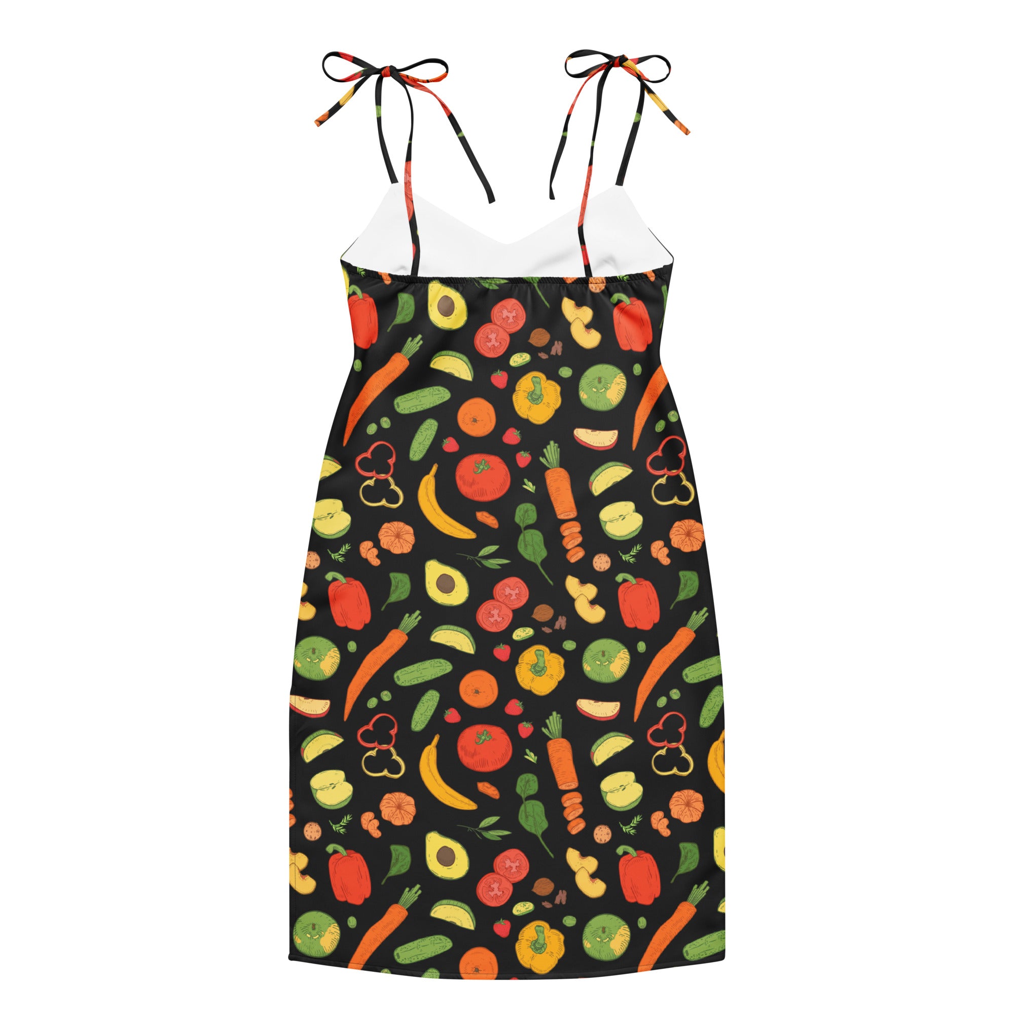 Women’s black spaghetti strap midi slip dress with vibrant vegetable and fruit print adjustable tie straps built in bra