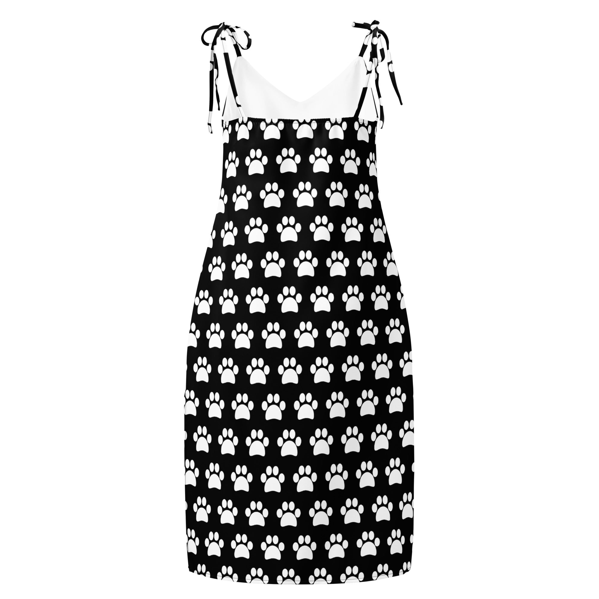 Women’s black paw print slip dress midi dress with adjustable tie straps and built in bra in black and white pattern