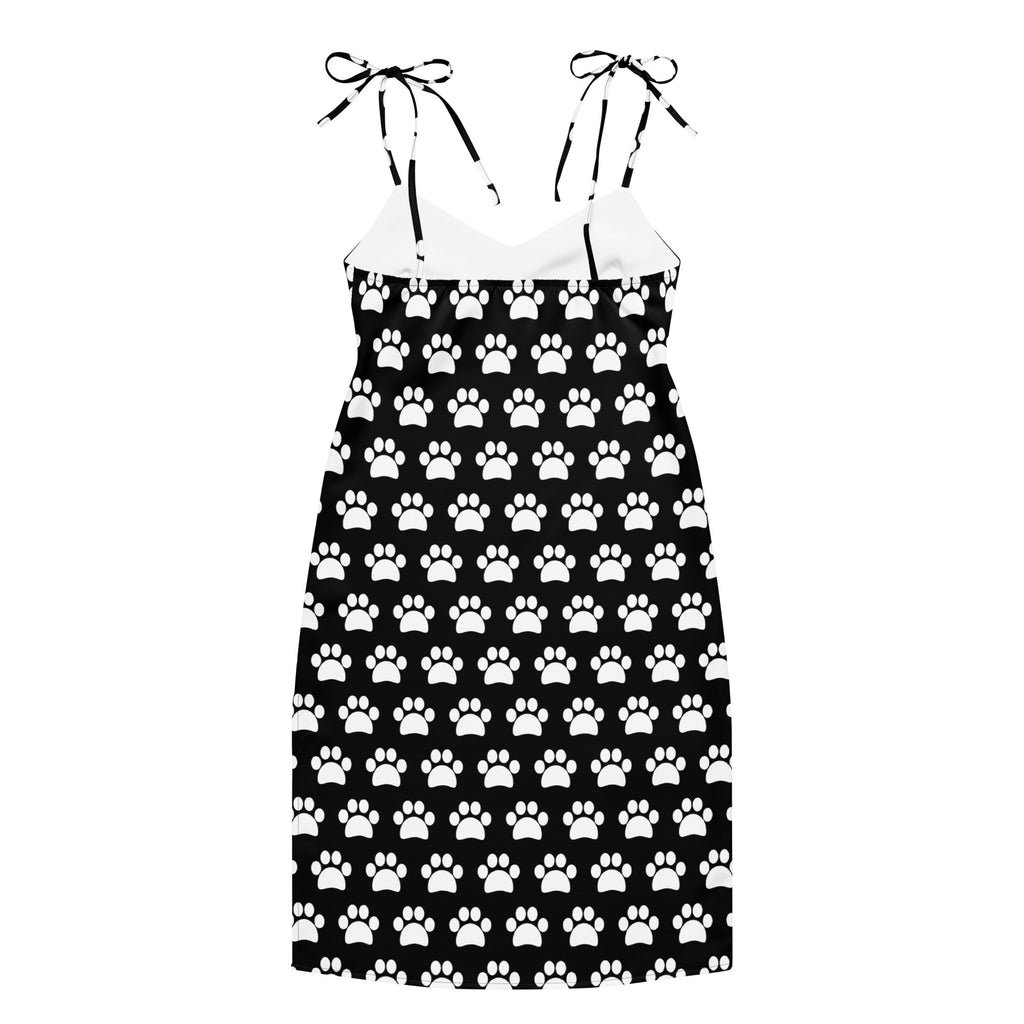 Women’s black paw print slip midi dress with adjustable tie straps and built in bra in black and white pattern