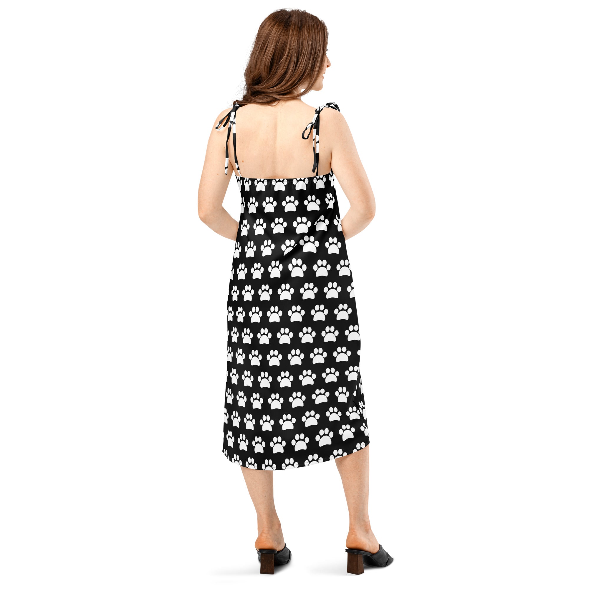 Women’s black paw print slip midi dress with adjustable tie straps and built in bra in black and white pattern