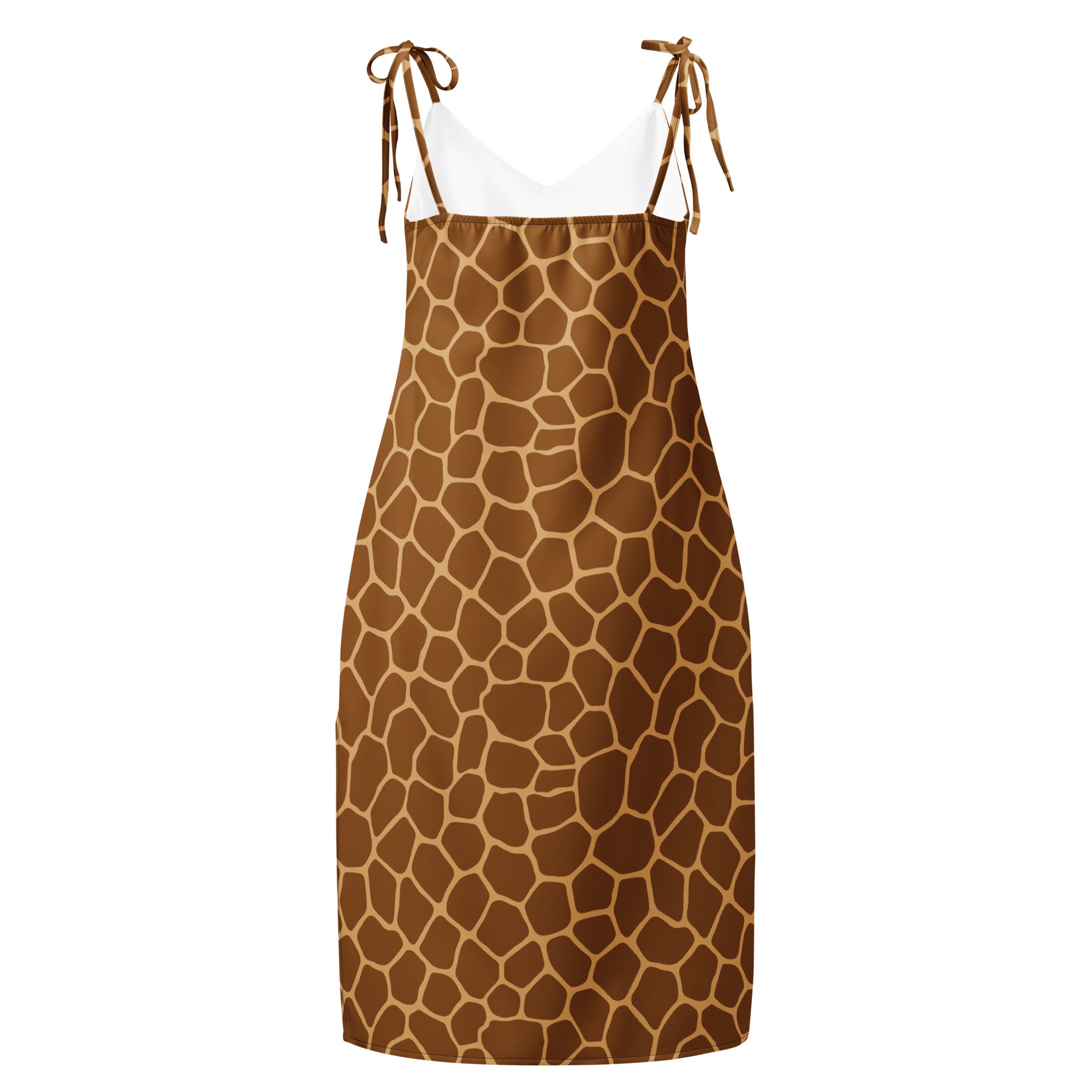 Women’s giraffe print midi slip dress with adjustable spaghetti tie straps and fitted silhouette with built in bra