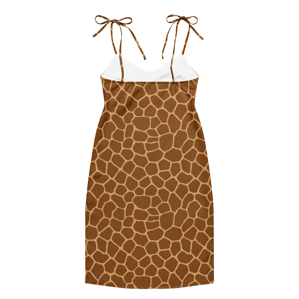 Women’s giraffe print midi slip dress with adjustable tie-back straps and white inner lining shown from the back