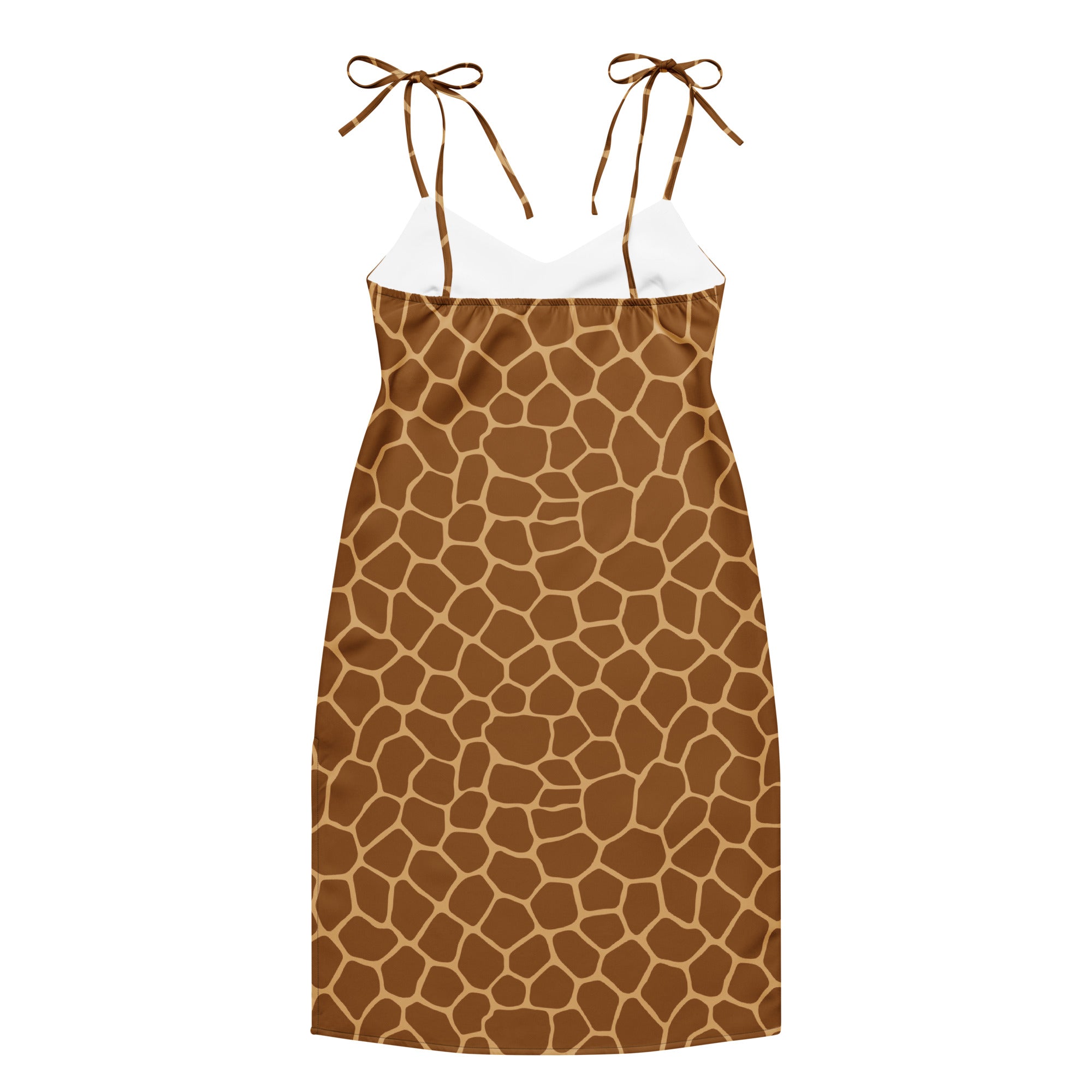 Women’s giraffe print midi slip dress with adjustable tie-back straps and white inner lining shown from the back