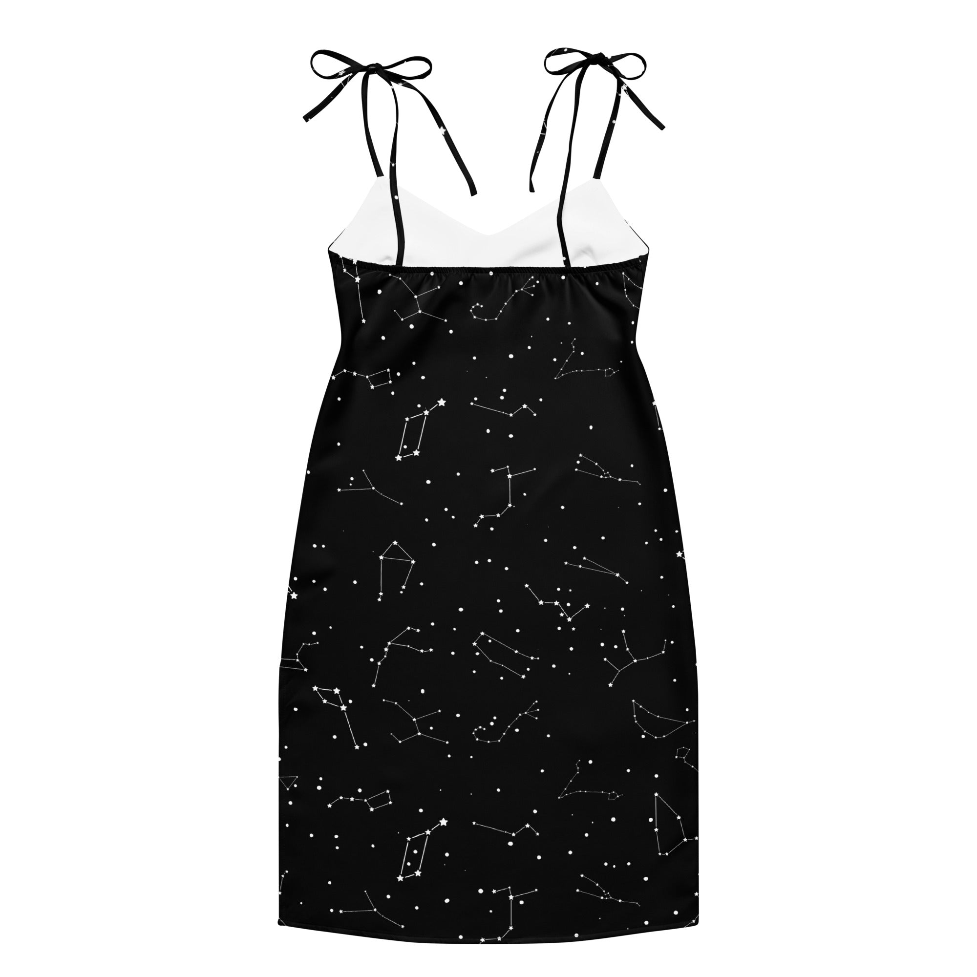 Black midi slip dress with white constellation print featuring adjustable tie straps and built-in bra for women
