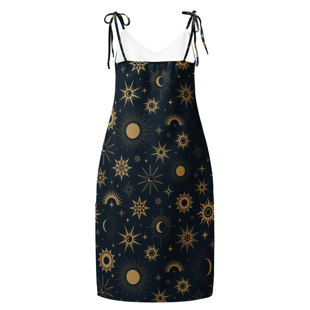 Women's Celestial Sun & Moon Slip Dress - Midi Dress With Adjustable Tie Straps & Built In Bra 