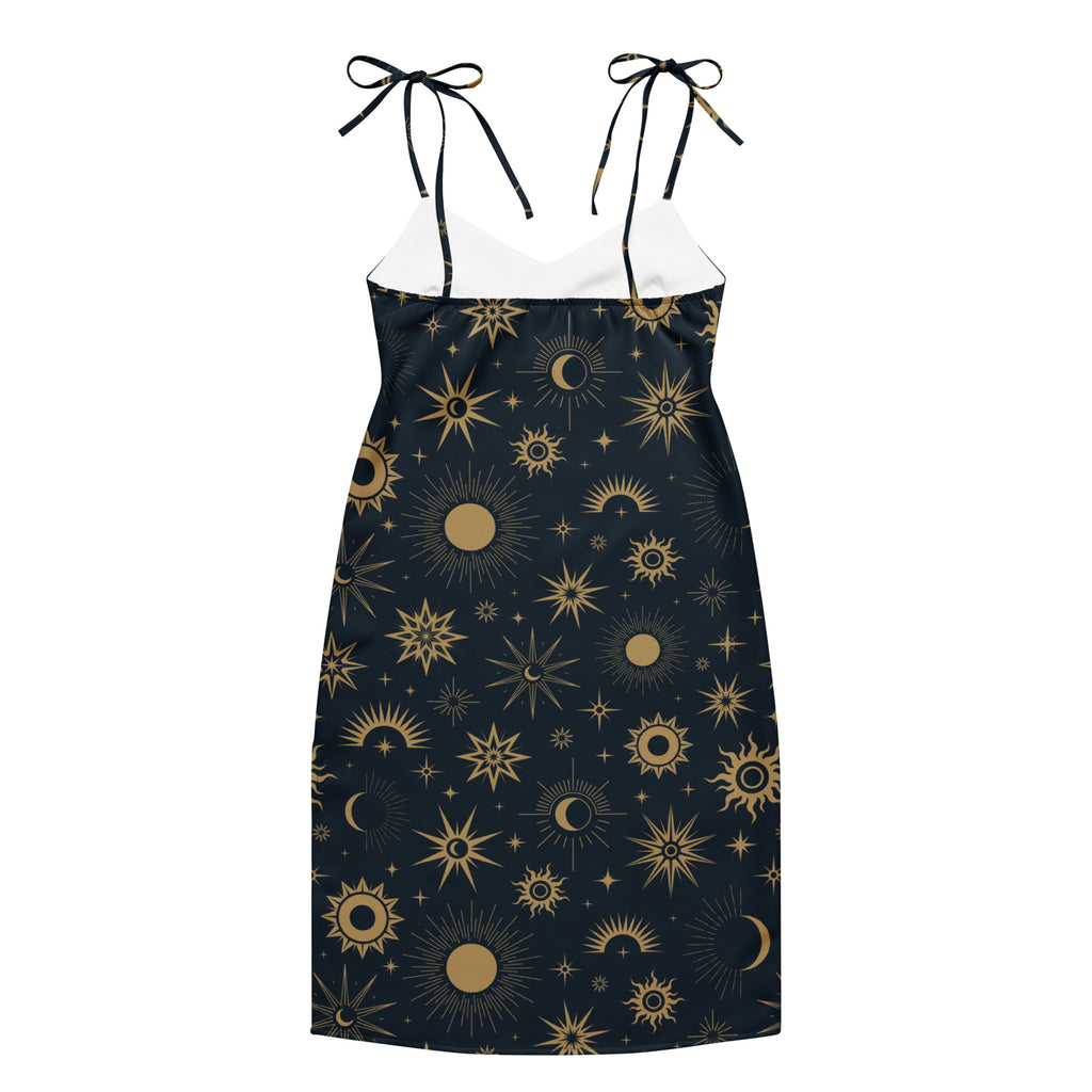 Women's Celestial Sun & Moon Slip Dress - Midi Dress With Adjustable Tie Straps & Built In Bra 