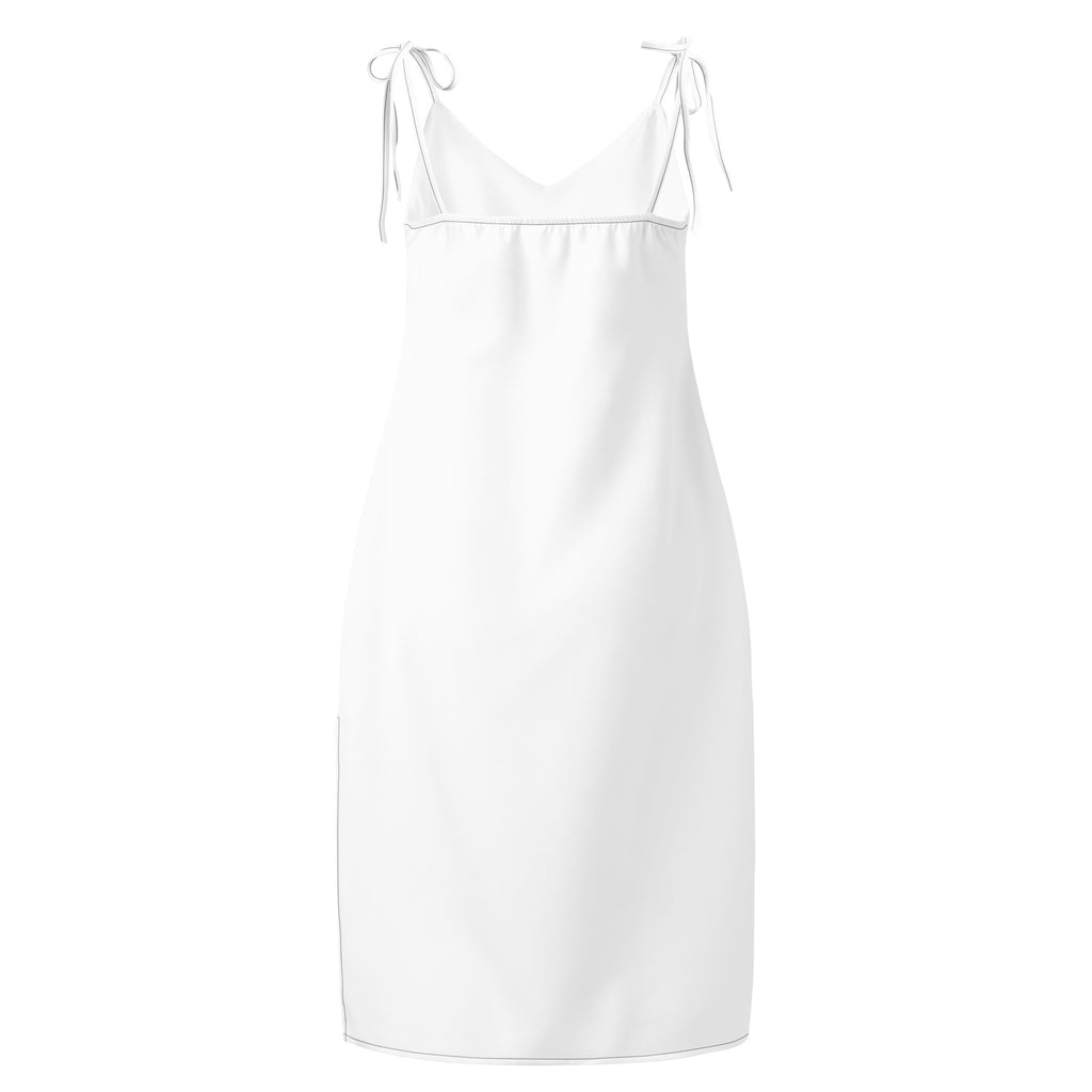 Women’s white satin slip dress midi with adjustable tie straps and built in bra featuring a minimalist design