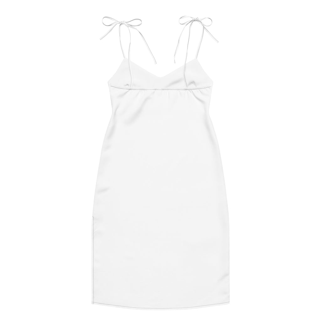 White satin midi slip dress with adjustable tie-back straps and built-in bra shown from the back side