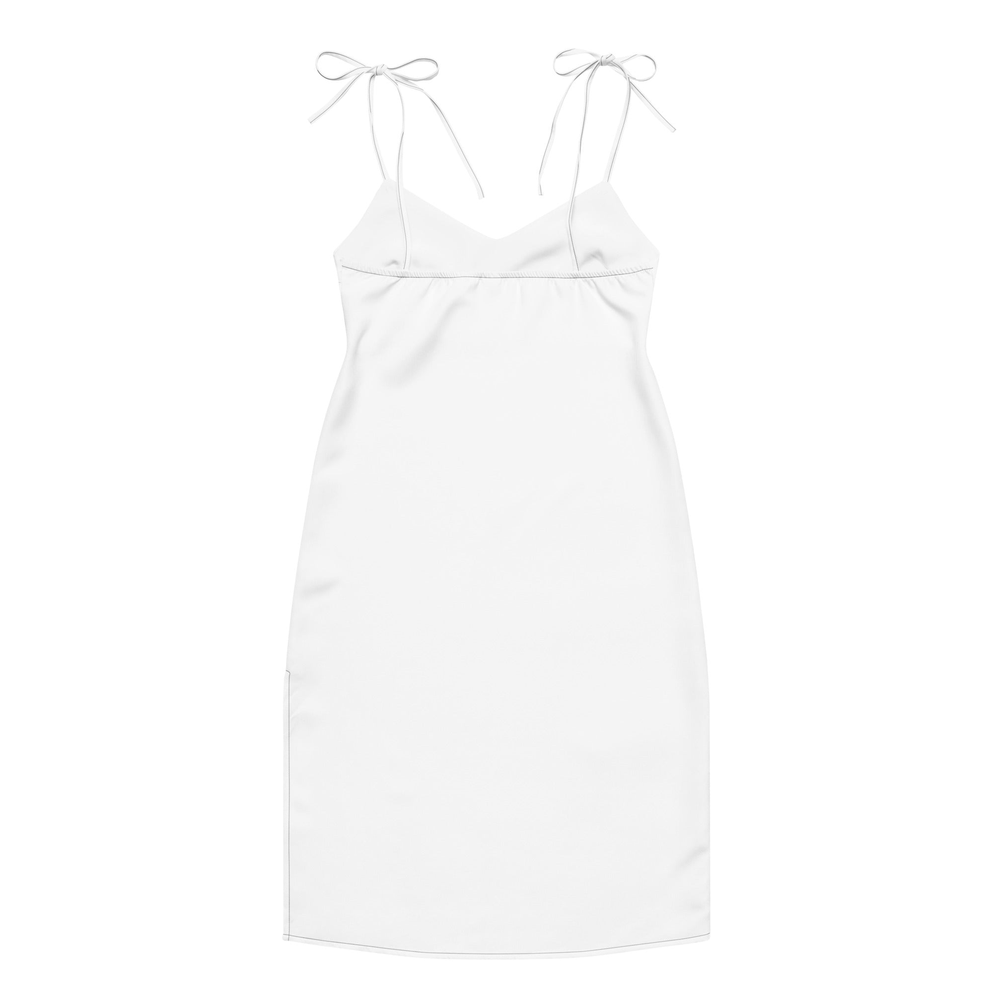 White satin midi slip dress with adjustable tie-back straps and built-in bra shown from the back side