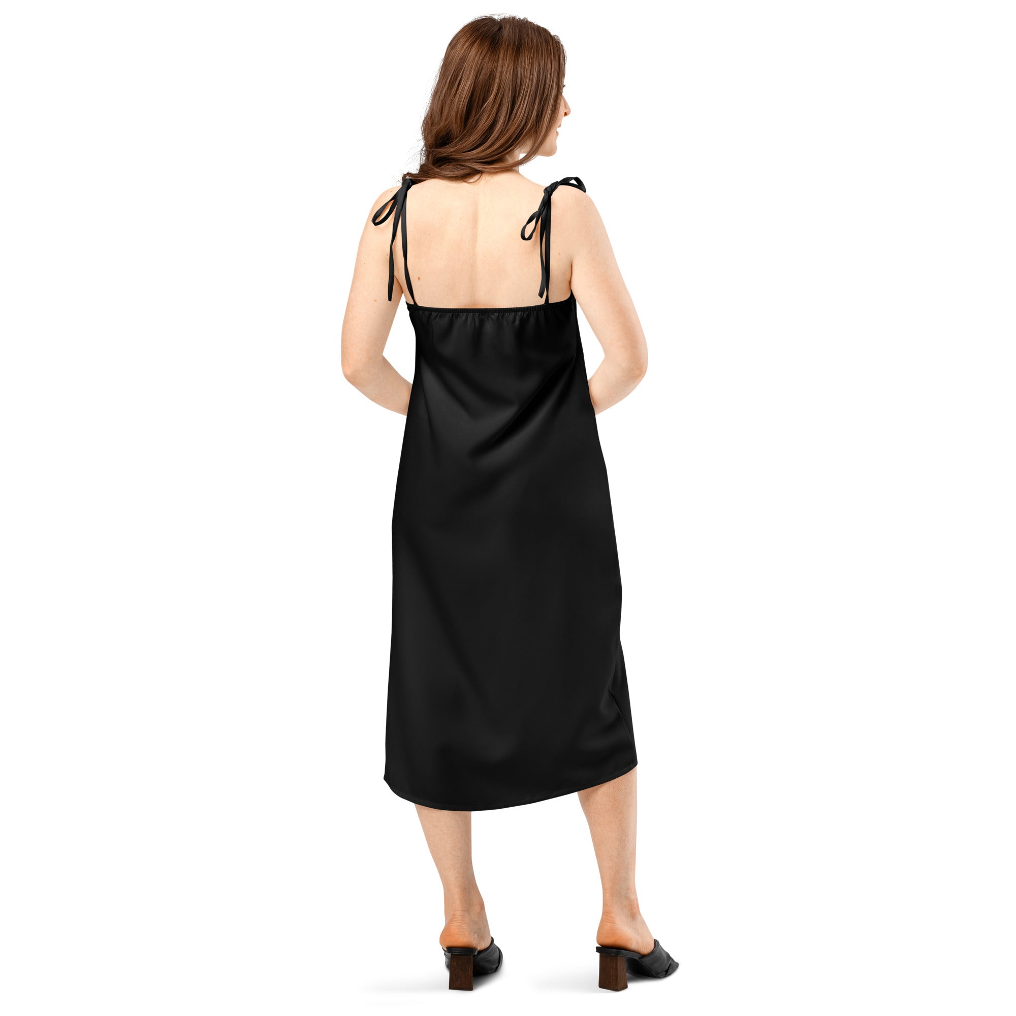 Women's Black Slip Dress - Midi Dress With Adjustable Tie Straps & Built In Bra