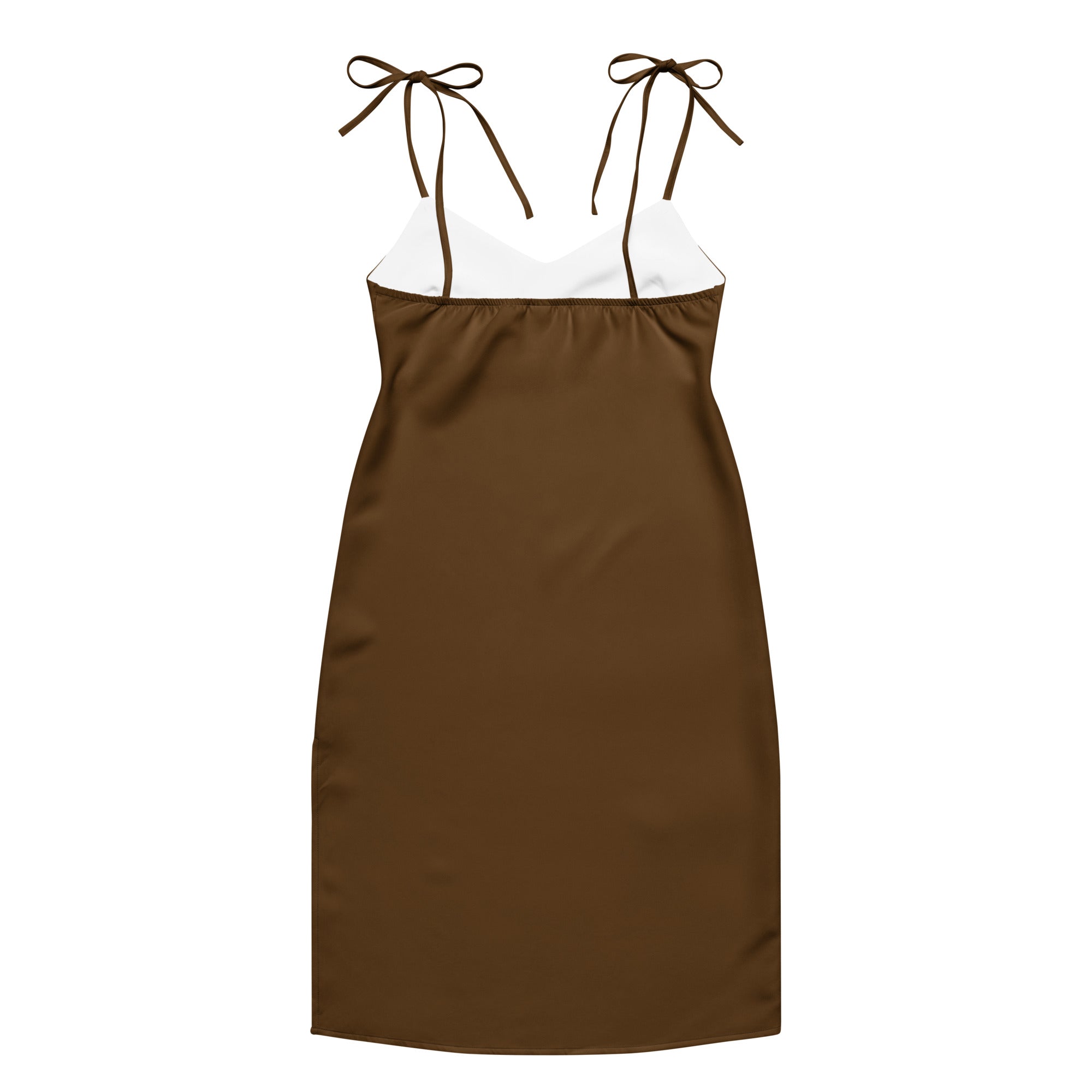 Women's brown slip dress with adjustable tie straps and built-in bra, midi length.