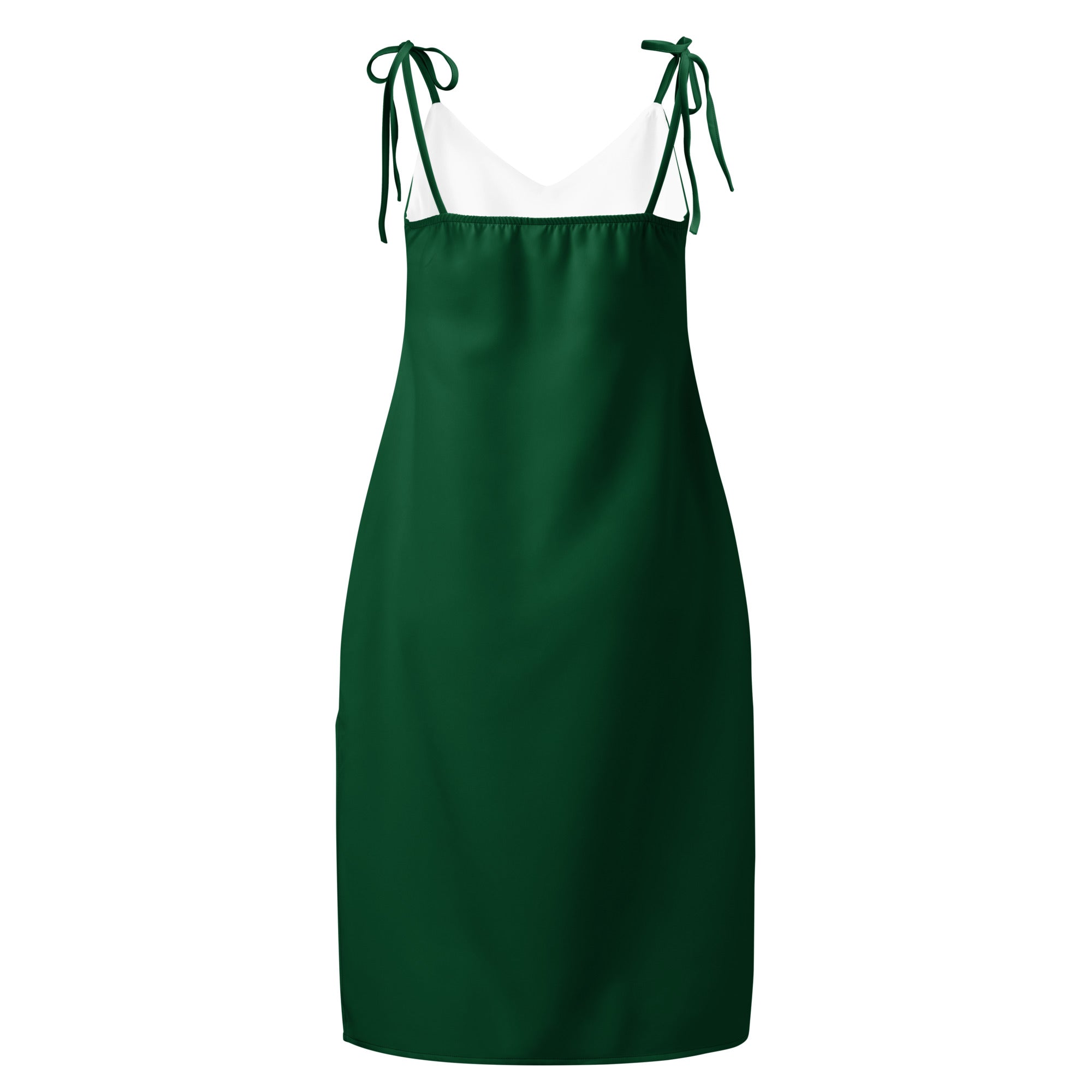 Women's dark green midi slip dress with adjustable tie straps and built-in bra