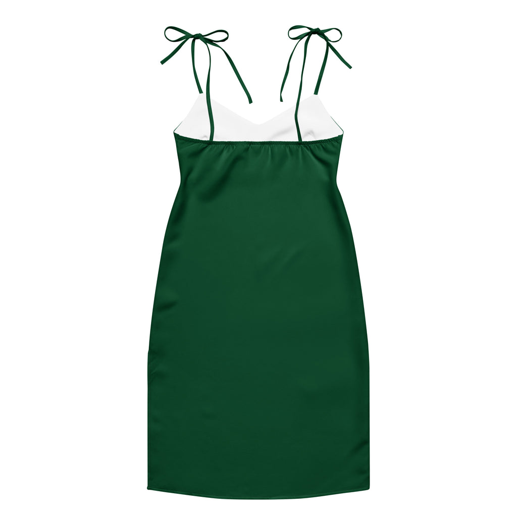 Women's dark green slip dress midi with adjustable tie straps and built-in bra