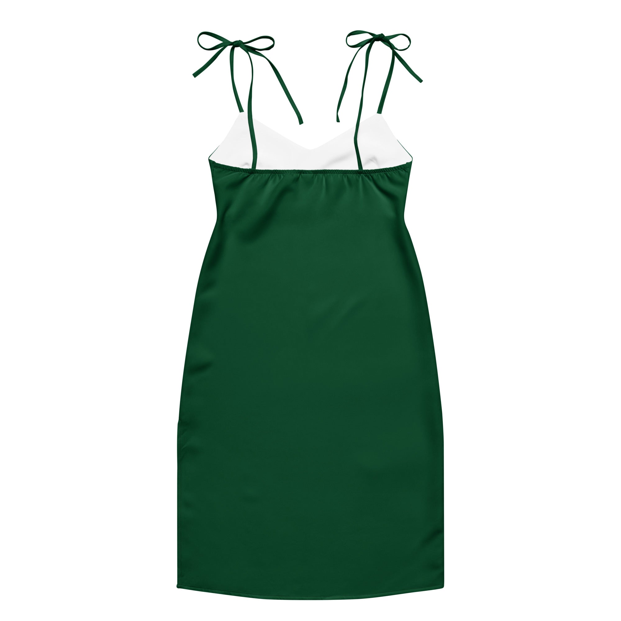 Women's dark green slip dress midi with adjustable tie straps and built-in bra