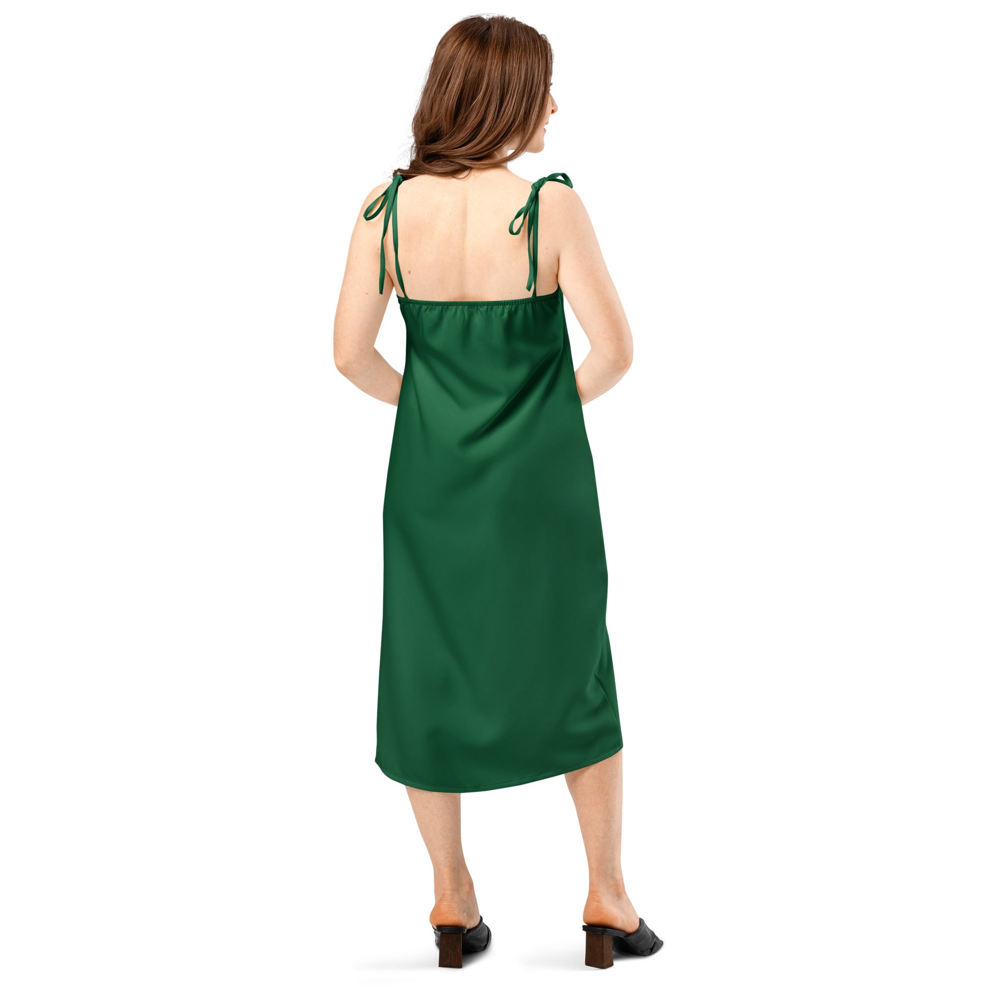 Women's Bouvelle dark green slip dress with adjustable tie straps, built-in bra, midi length, back view.