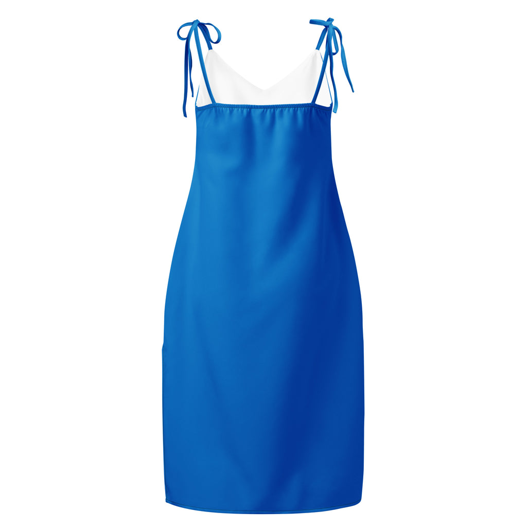 Women's blue slip dress, midi length, with adjustable tie straps and built-in bra.
