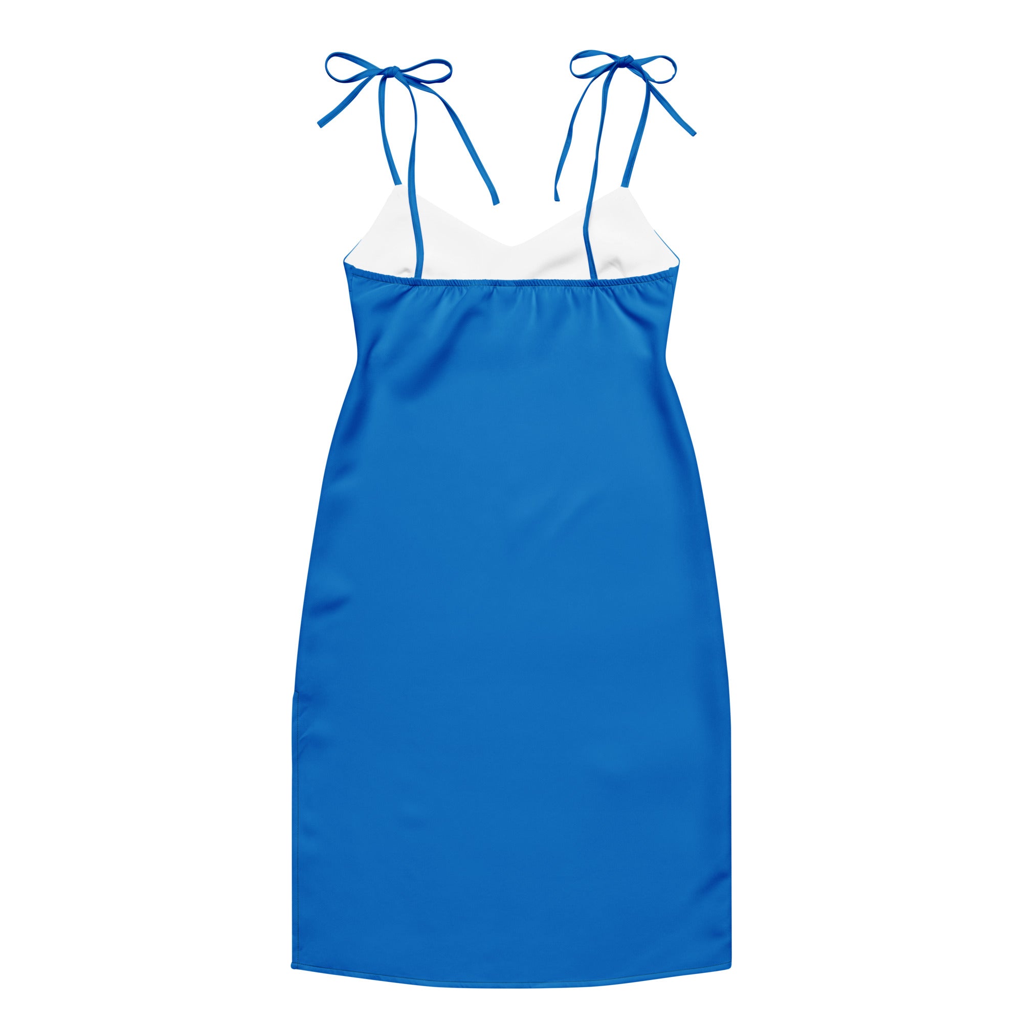 Women's blue slip dress with adjustable tie straps and built-in bra, midi length.