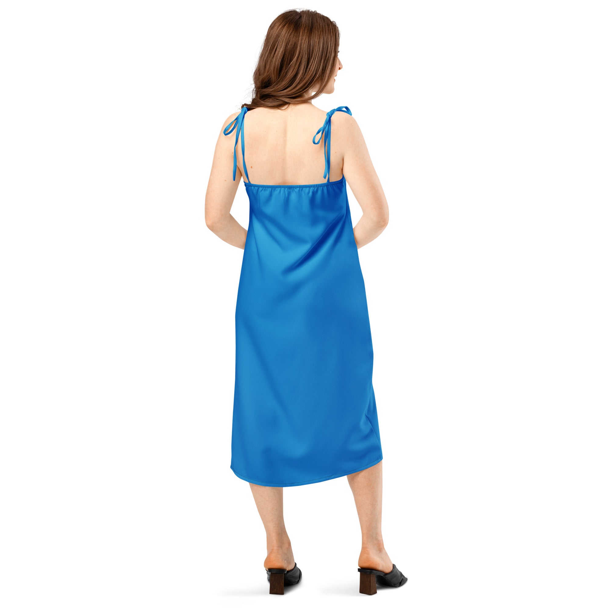 Women's blue midi slip dress with adjustable tie straps and built-in bra