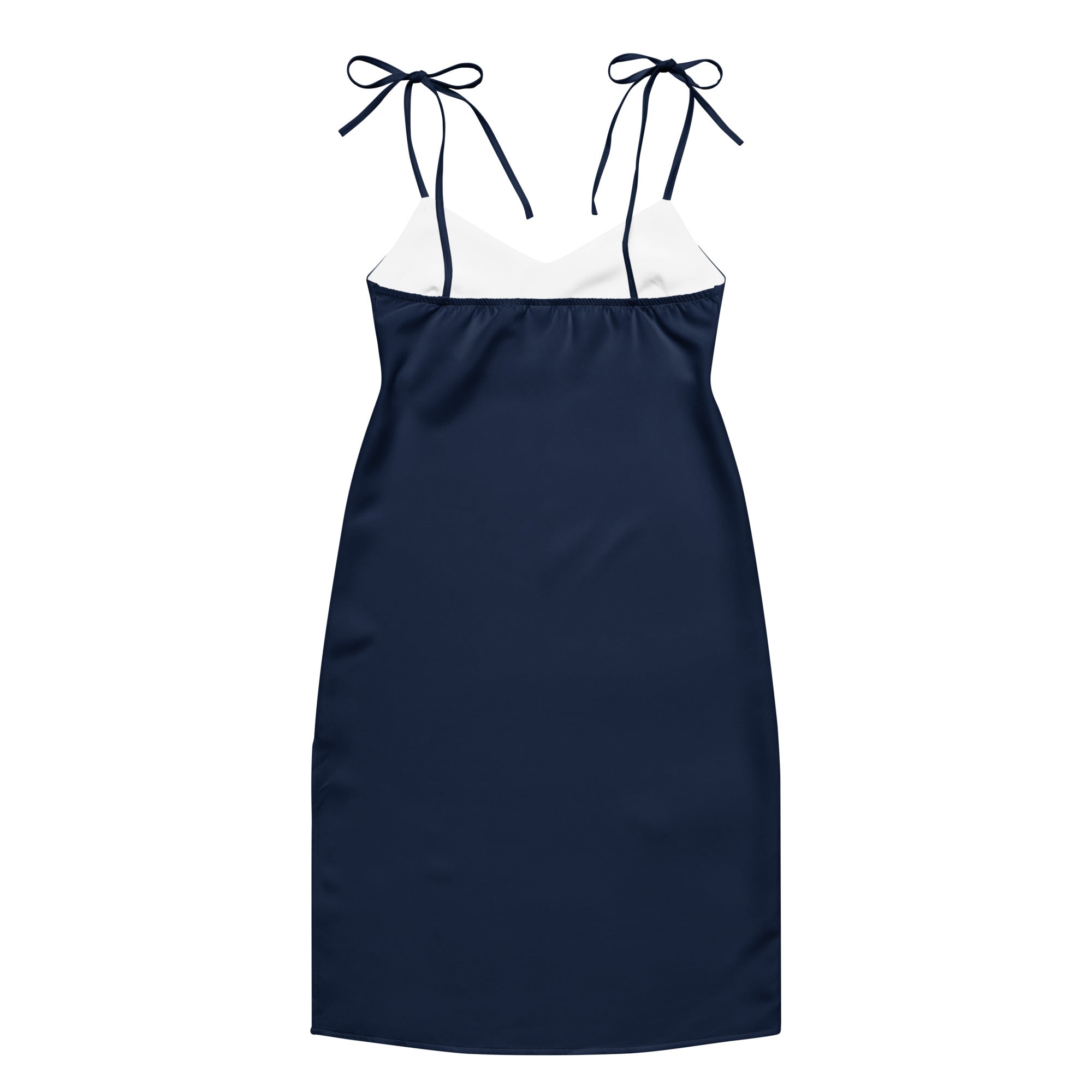 Women's navy blue slip dress with white neckline panel, adjustable tie straps, built-in bra, midi length.